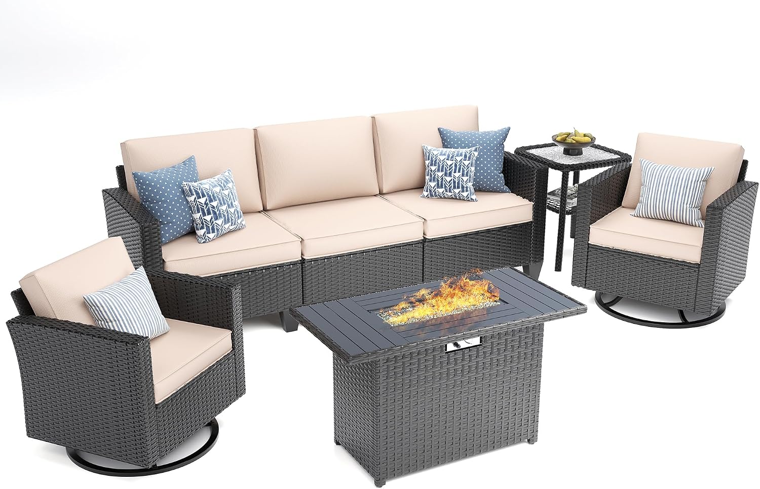UDPATIO Patio Furniture Set with Fire Pit Table, Rocking Swivel Chairs, 5 Pieces Outdoor Furniture Sets, All-Weather Wicker Outdoor Sectional Sofa with Waterproof Cover, 4'' Thickened Cushion, Khak