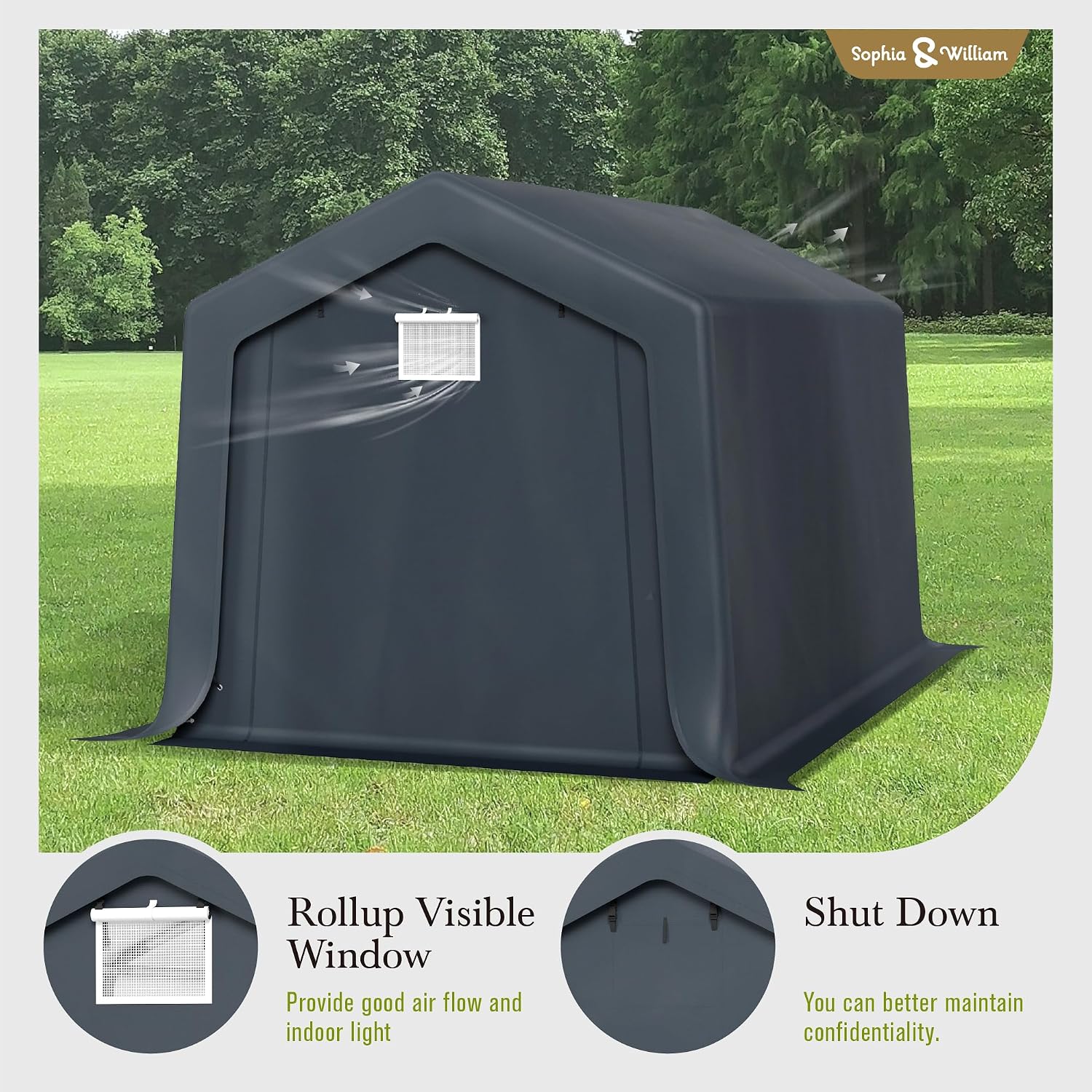 Sophia & William Outdoor Storage Shed,Carport 8x12 ft Heavy Duty, Portable Garden Yard Car Port Shelter Storage Tent Garage with Roll Up Doors and Ventilation, Grey