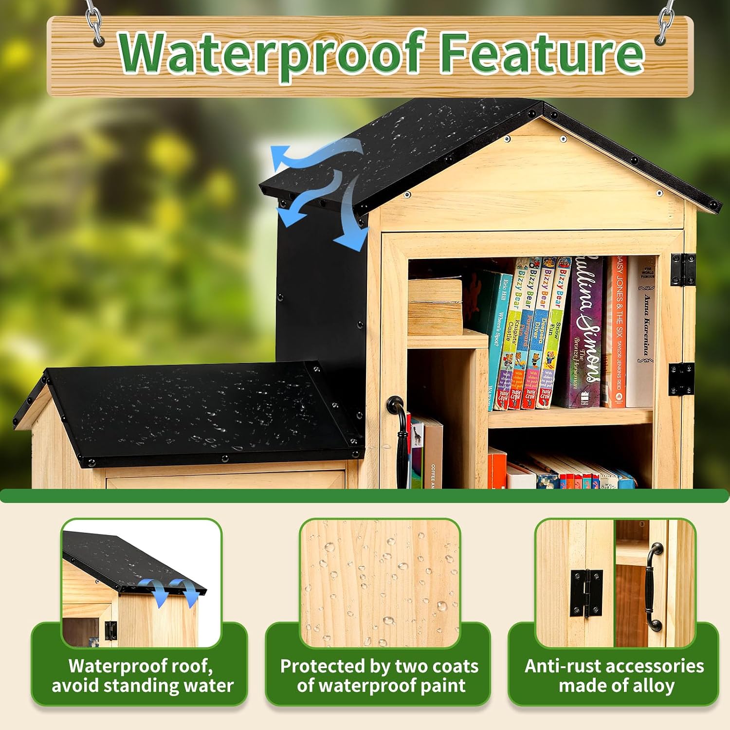 Outdoor Library Book Box, Solid Wood Free Library with Large & Small Compartments, Waterproof Coating & Metal Joint Trim, Adjustable Storage, Easy Install Community Book, Literature, Newspaper Sharing