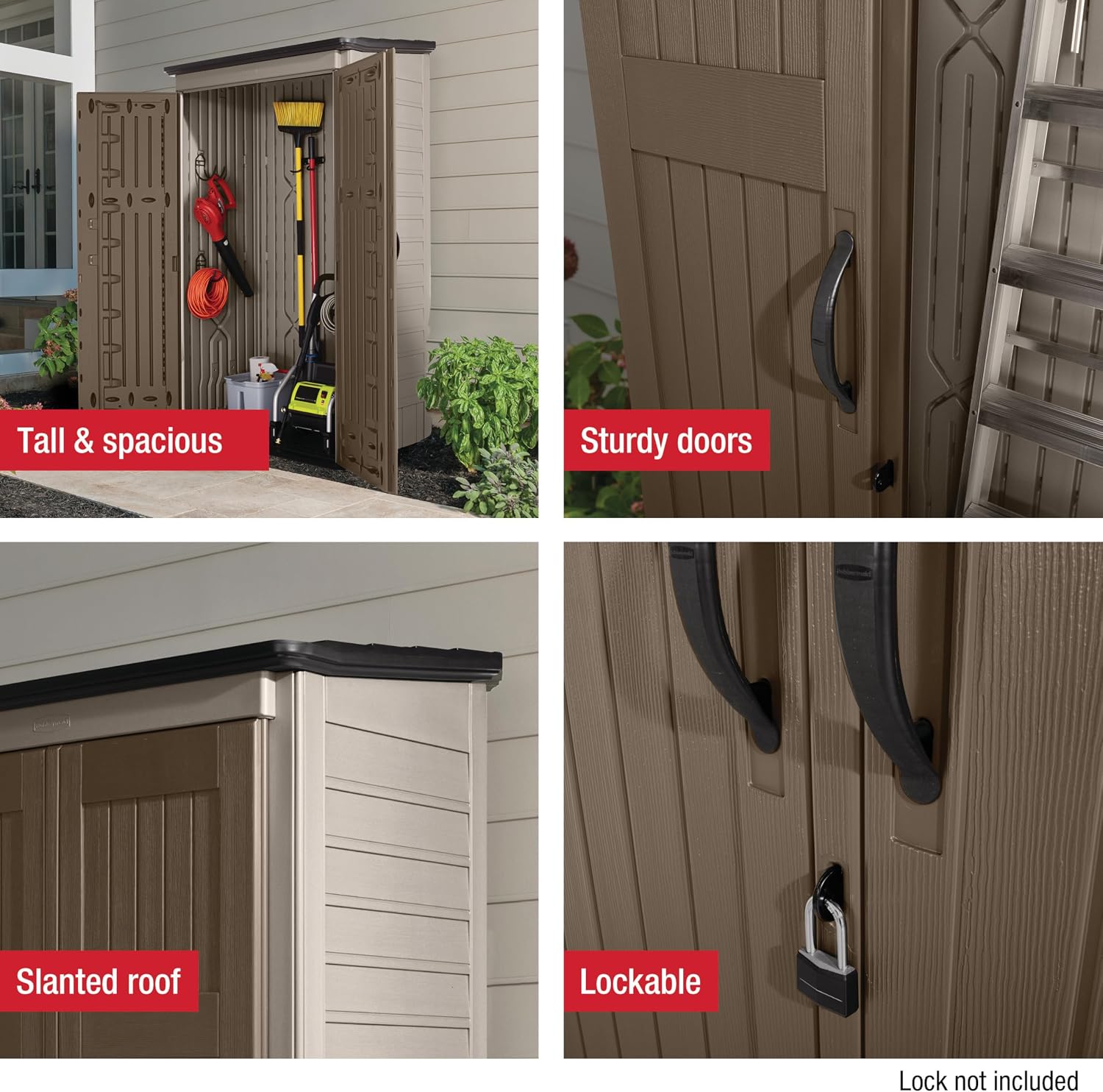 Rubbermaid Vertical Resin Outdoor Storage Shed With Floor (4 x 2.5 Ft) Weather Resistant Brown Organization for Home/Backyard/Garden Tools/Porch/Patio Cushions/Pool Chemicals/Toys