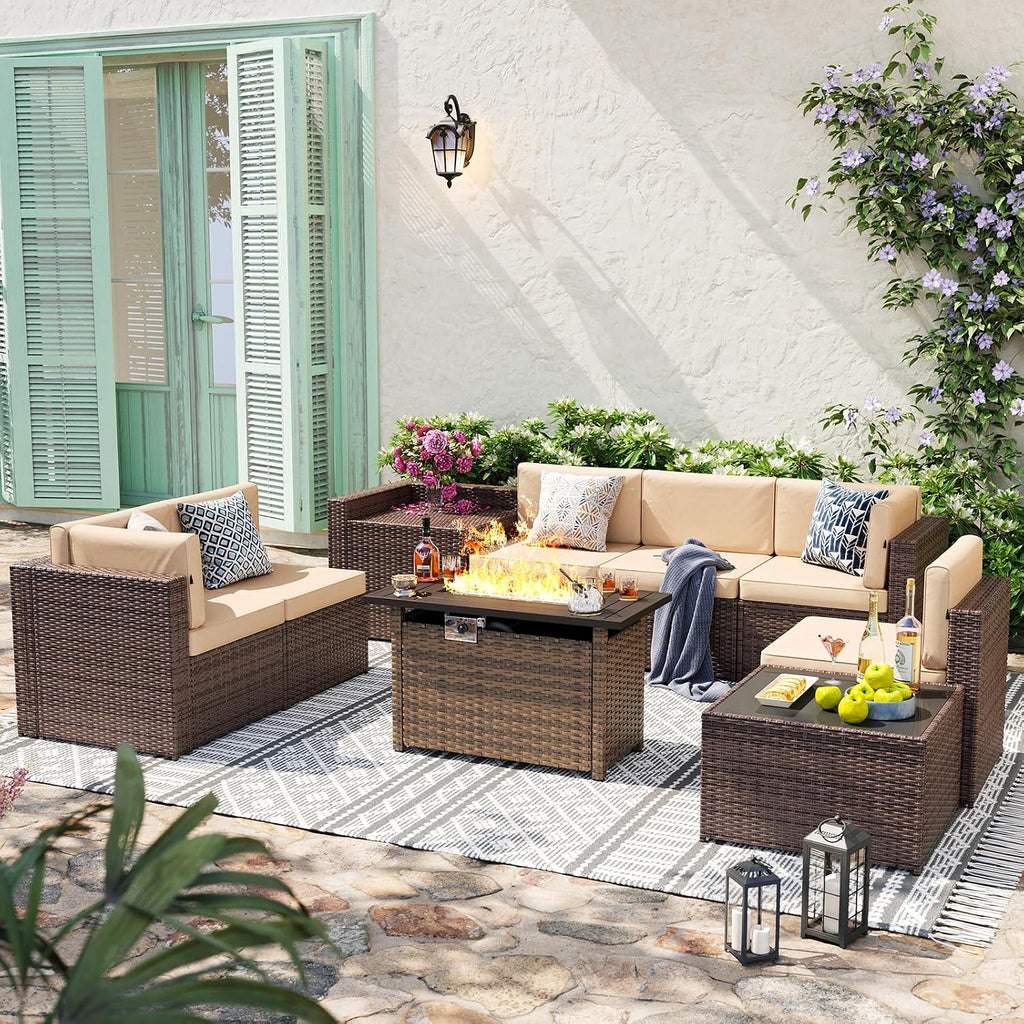 Aoxun 9 Piece Patio Furniture Set with 44' Fire Pit Table, Wicker Outdoor Furniture Set with Storage Box, Patio Sectional Set with Cushions and Waterproof Cover (Brown & Khaki)