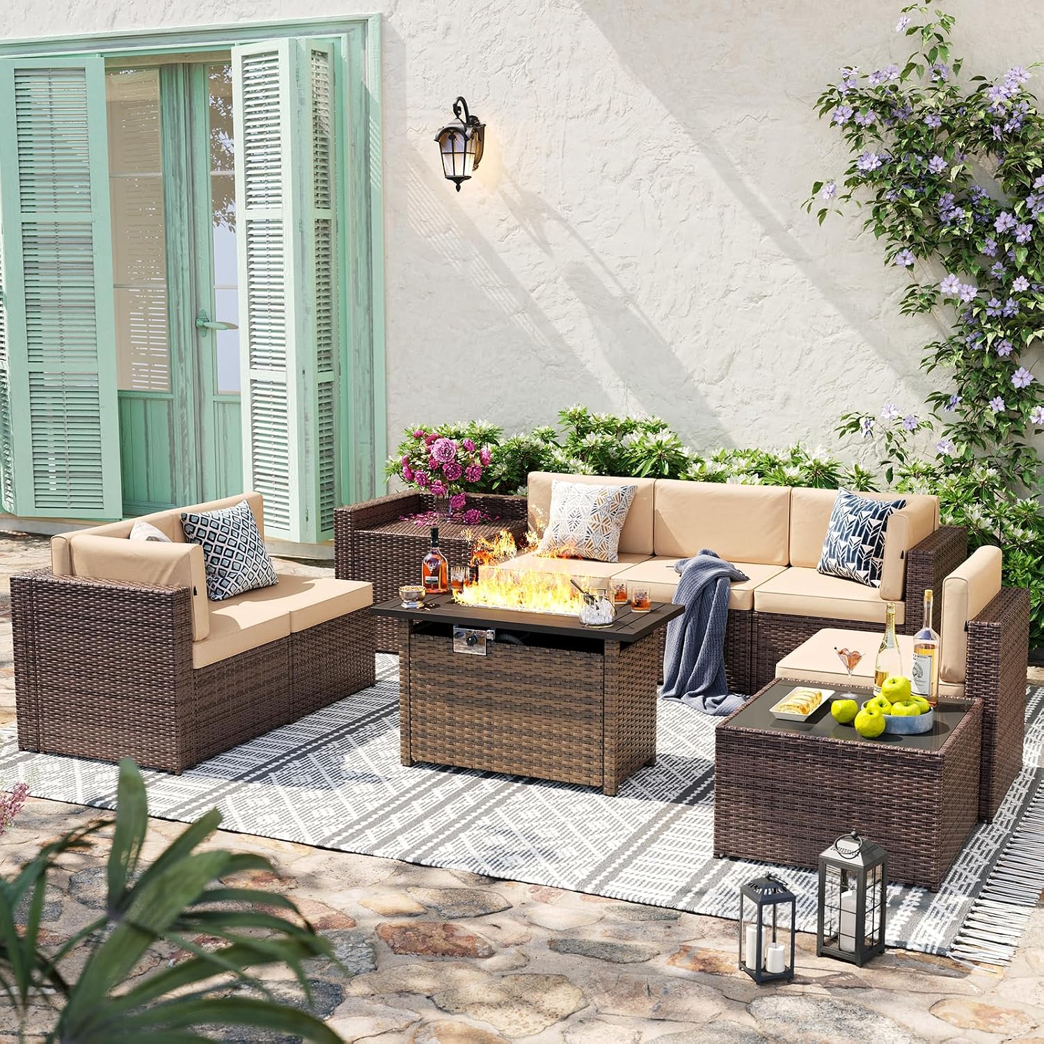 Aoxun 9 Piece Patio Furniture Set with 44' Fire Pit Table, Wicker Outdoor Furniture Set with Storage Box, Patio Sectional Set with Cushions and Waterproof Cover (Brown & Khaki)