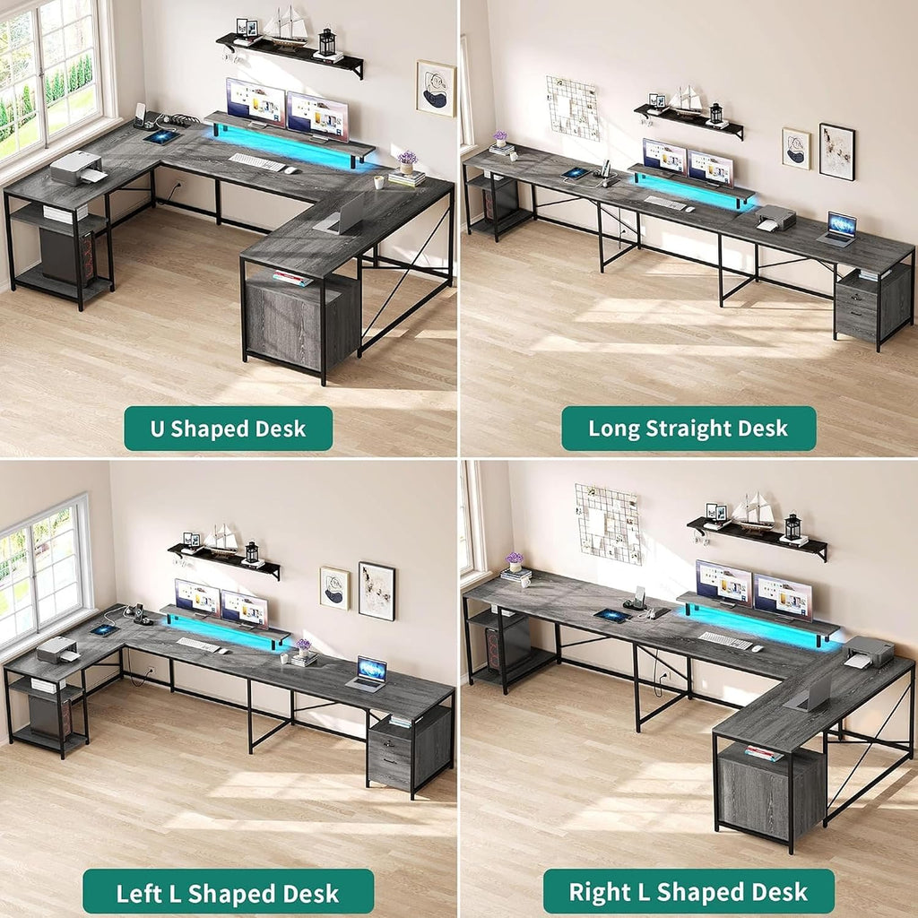 YITAHOME U Shaped Desk with Power Outlets & LED Lights, 79' Reversible L Shaped Desk with Drawers, Corner Computer Desk Office Desk with Monitor Stand & Storage Shelves, Grey