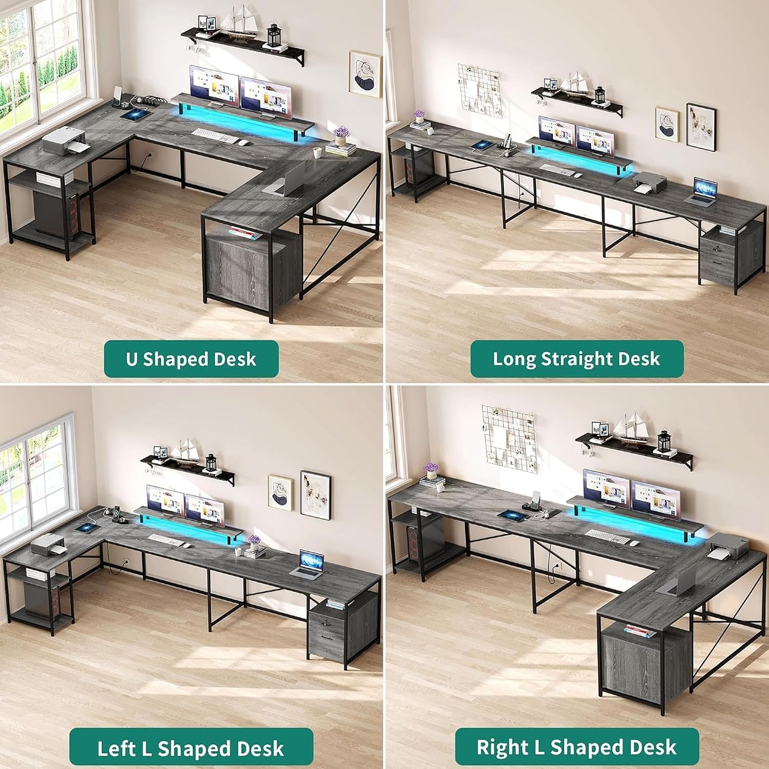 YITAHOME U Shaped Desk with Power Outlets & LED Lights, 79' Reversible L Shaped Desk with Drawers, Corner Computer Desk Office Desk with Monitor Stand & Storage Shelves, Grey