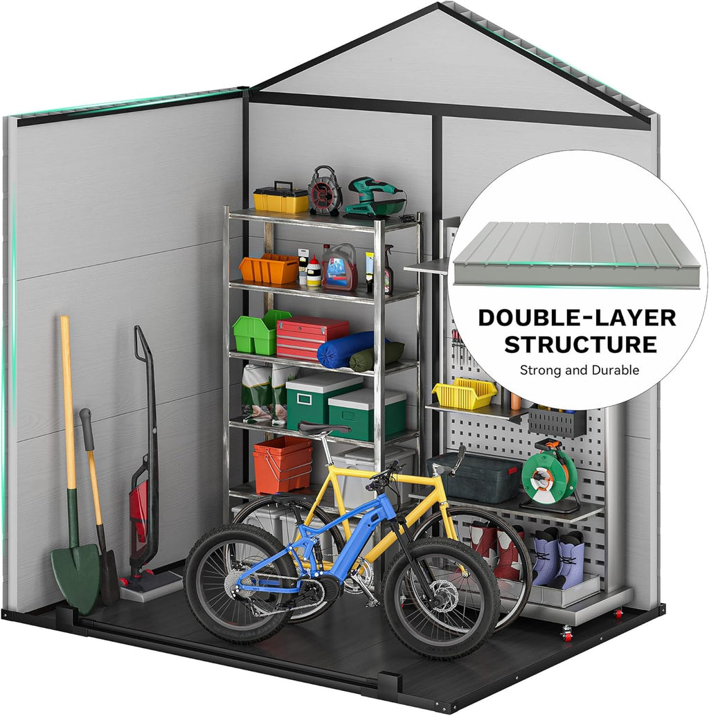 DWVO 6x4.4 FT Outdoor Storage Shed, Plastic Garden Tool Shed with 2 Windows, Double-Wall Outside Shed for Lawn Mower, Garden Tool for Backyard, Patio, Lawn, Lockable, Grey & Black