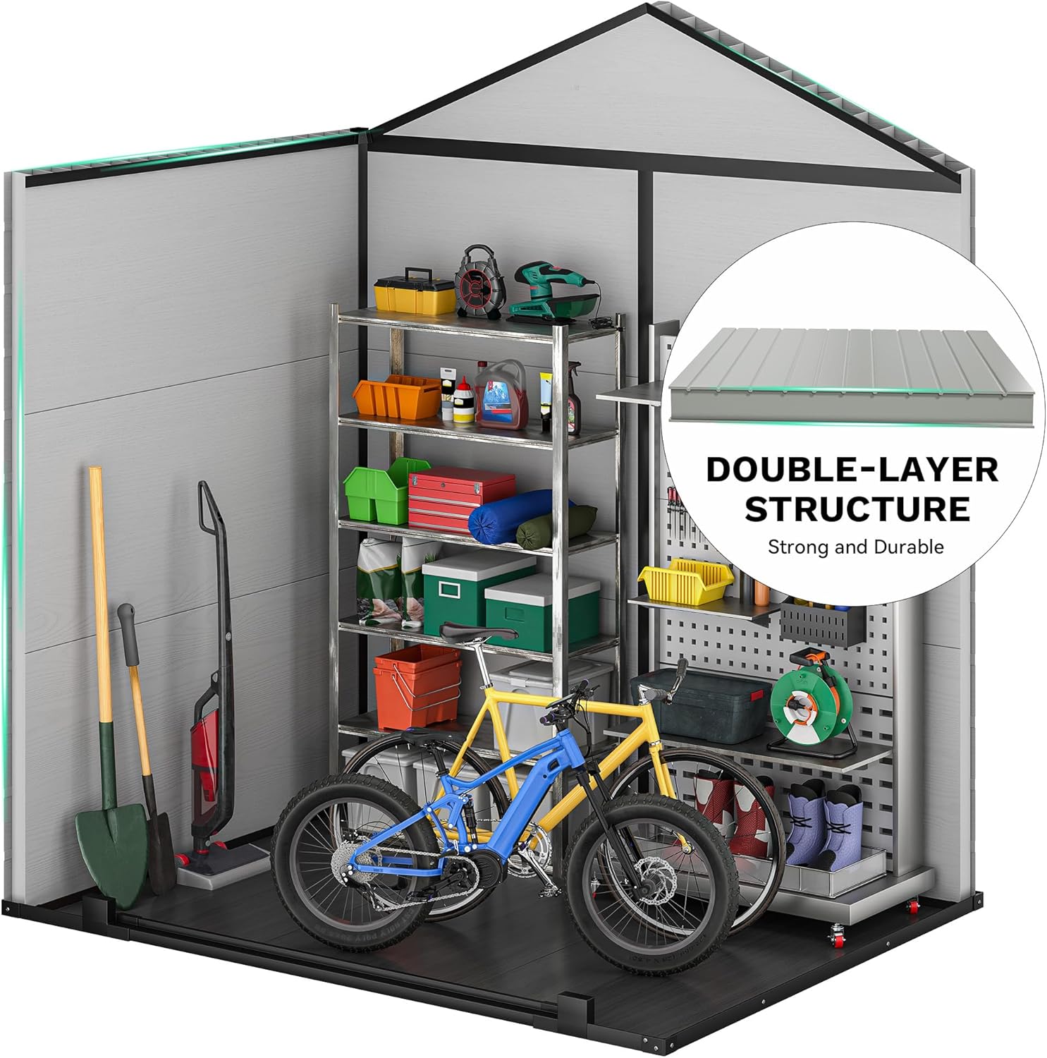 DWVO 6x4.4 FT Outdoor Storage Shed, Plastic Garden Tool Shed with 2 Windows, Double-Wall Outside Shed for Lawn Mower, Garden Tool for Backyard, Patio, Lawn, Lockable, Grey & Black