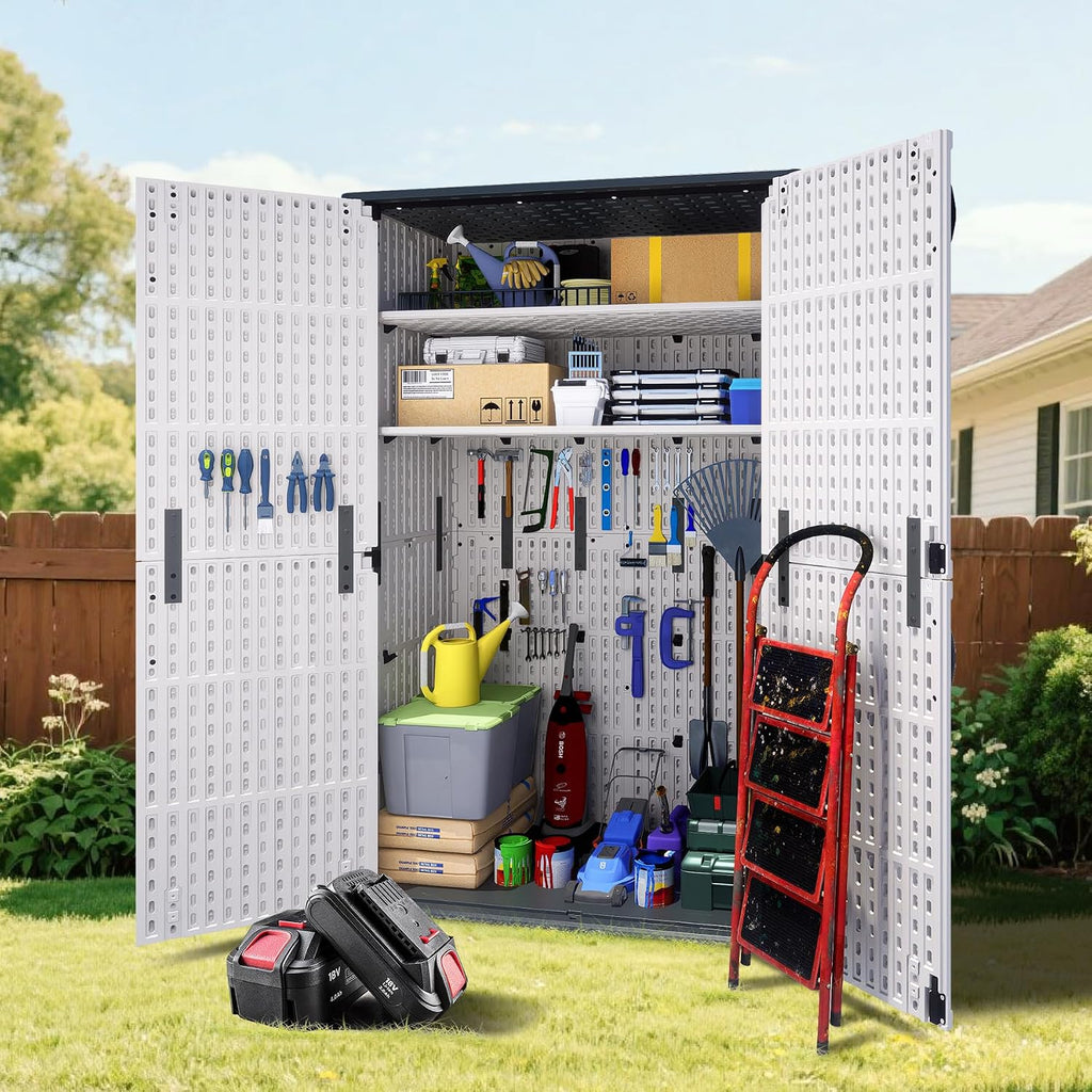 Greesum Outdoor Storage Cabinet Without Shelves, 45 cu.ft Outdoor Waterproof Storage Shed for Garden Tools, Pool Storage, Garbage Cans, White