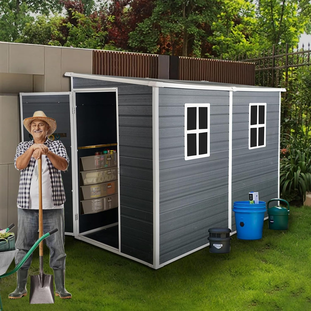 Ball & Cast 8x4FT Outdoor Storage Shed,Plastic Shed with 2 Windows and Lockable Doors, Waterpoof Garden Tool Shed with Floor Base and Vents for for Storing Bicycles,Lawnmowers,Barbeques,Black
