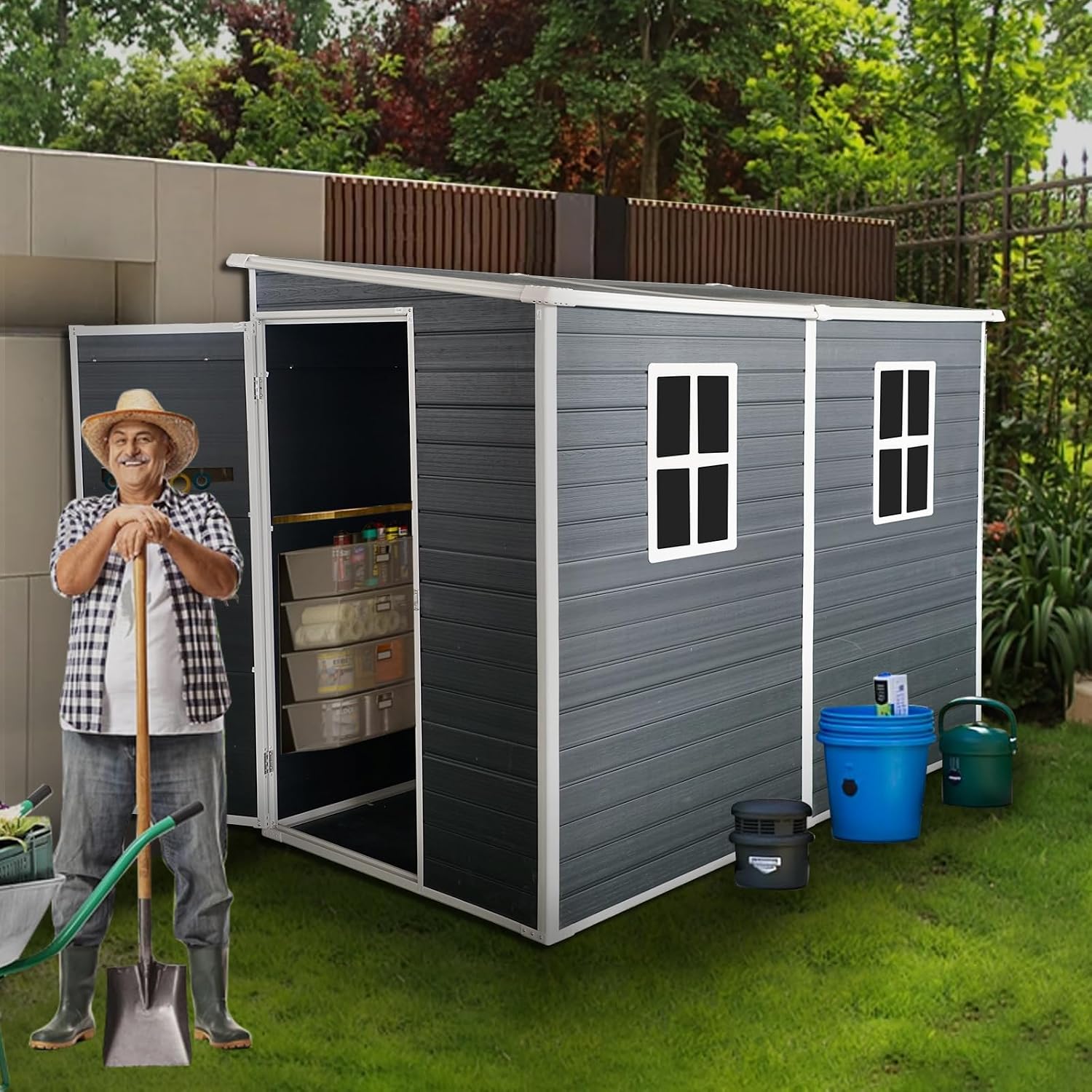 Ball & Cast 8x4FT Outdoor Storage Shed,Plastic Shed with 2 Windows and Lockable Doors, Waterpoof Garden Tool Shed with Floor Base and Vents for for Storing Bicycles,Lawnmowers,Barbeques,Black