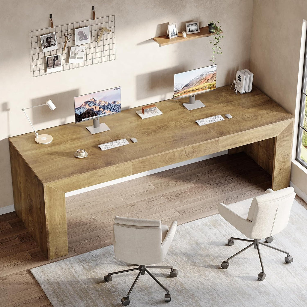 Tribesigns 78.7-Inch Long Computer Desk for 2 People, Farmhouse Executive Desk with Wooden Desktop and Legs, Large Workstations Writing Table Gaming Table for Home Office, Heavy Duty, Brown