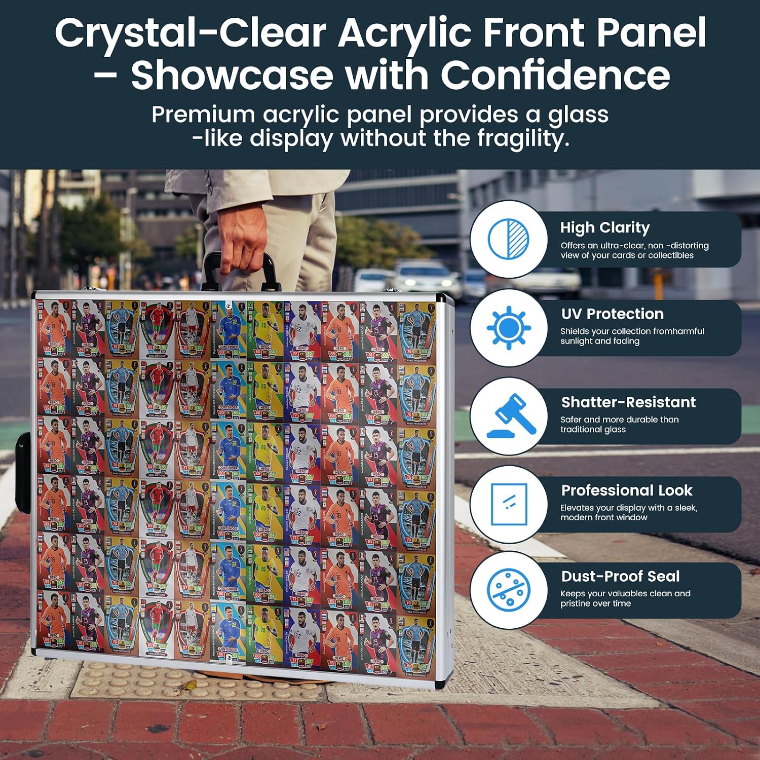 Trade Show Display Case for Cards 34' x 22' Aluminum Portable Locking Display Case with Wheels and Foldable Stand, Clear Acrylic Top Tabletop Showcase for Jewelry, Collectible & Sports Cards