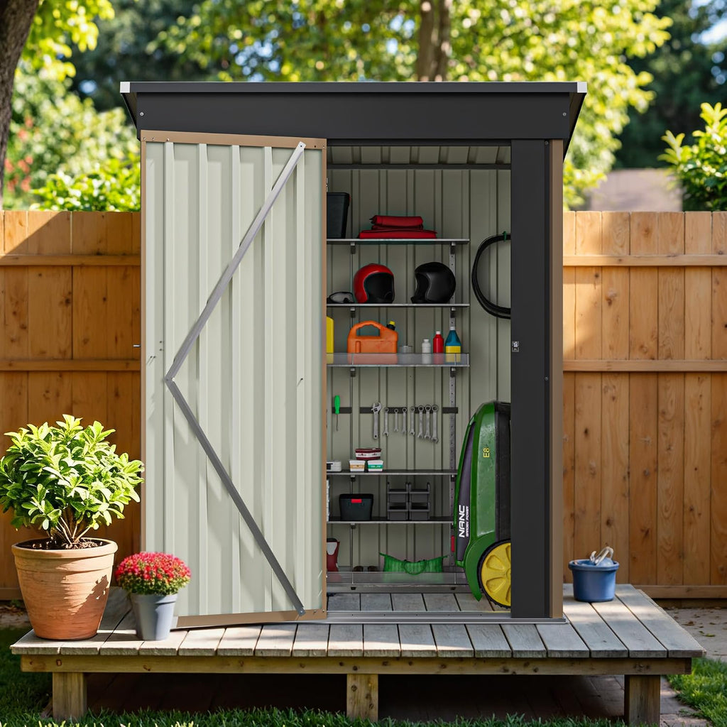 Greesum 5×3FT Outdoor Storage Shed, Metal Patio Storaged Sheds with Lockable Doors, Sheds & Outdoor Storage for Bike, Backyard, Pool and Garden, Brown