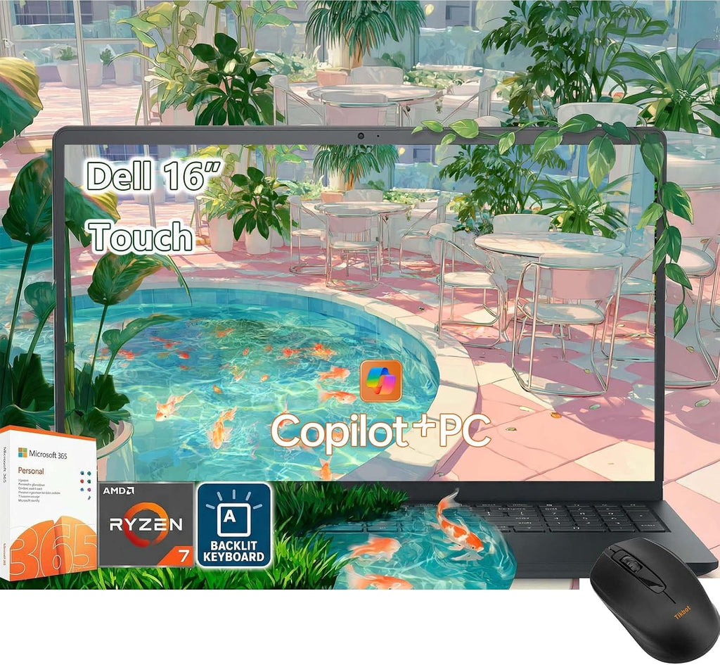 Dell 16 Laptop Touchscreen, AI PC AMD Ryzen 7 Beat i7-1355U| 16' FHD+ Touch| 32GB RAM| 1TB SSD| Win 11 Pro| Backlit KB Copilot Key| 1080p Webcam| Office 365| Business College Student Portatil