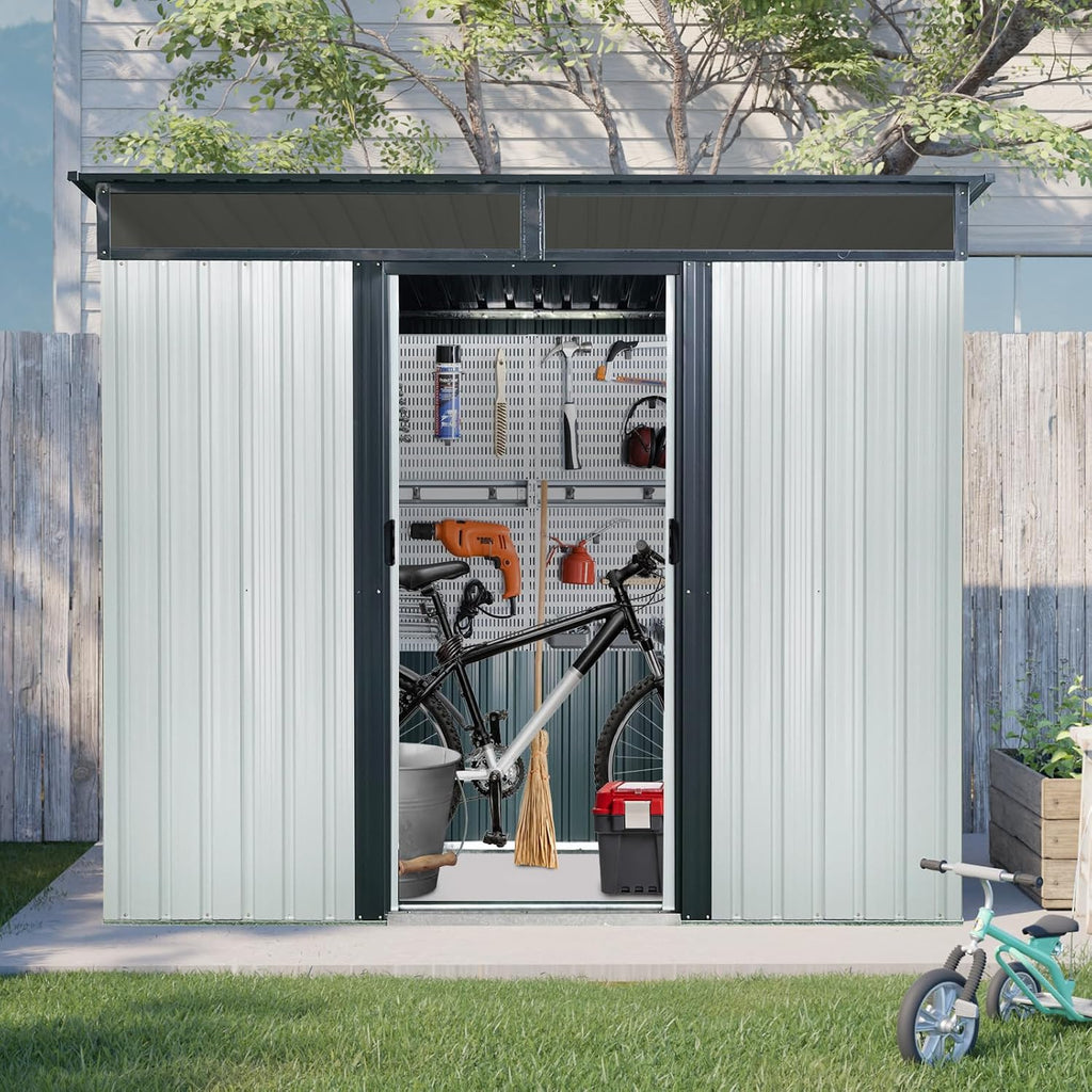 Ball & Cast 8x6 FT Outdoor Metal Storage Shed with Window and Transparent Plate,Waterproof Garden Organizer Tool Housew/Lockable Doors & Ventilation,Shelter Cabinet for Patio,Lawn,White+Black