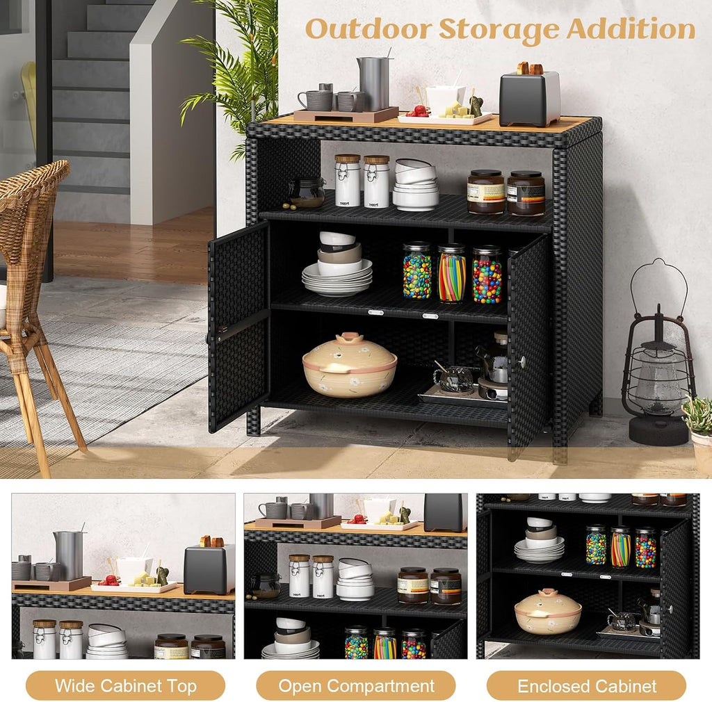 Tangkula Rattan Outdoor Storage Cabinet, Patiojoy Outdoor Cabinet with Acacia Wood Countertop, Open Compartment, 2-Door Wicker Sideboard, Outdoor Bar for Patio Garden Backyard Poolside (Black)