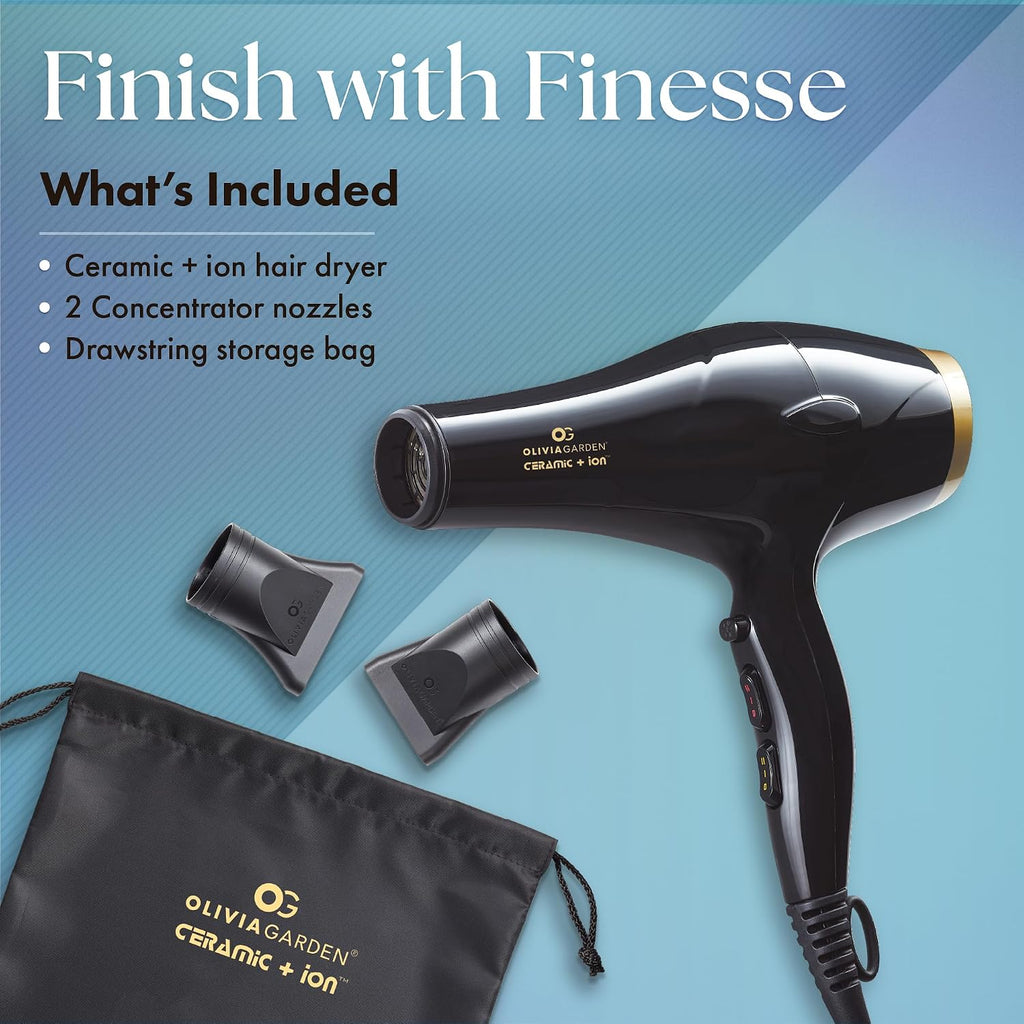 Olivia Garden 1875W Ceramic + Ion Professional Hair Dryer for Men and Women - Fast Drying Blow Dryer - Powerful Ionic Generator - 3 Heat Settings - With 2 Nozzles and Storage Bag