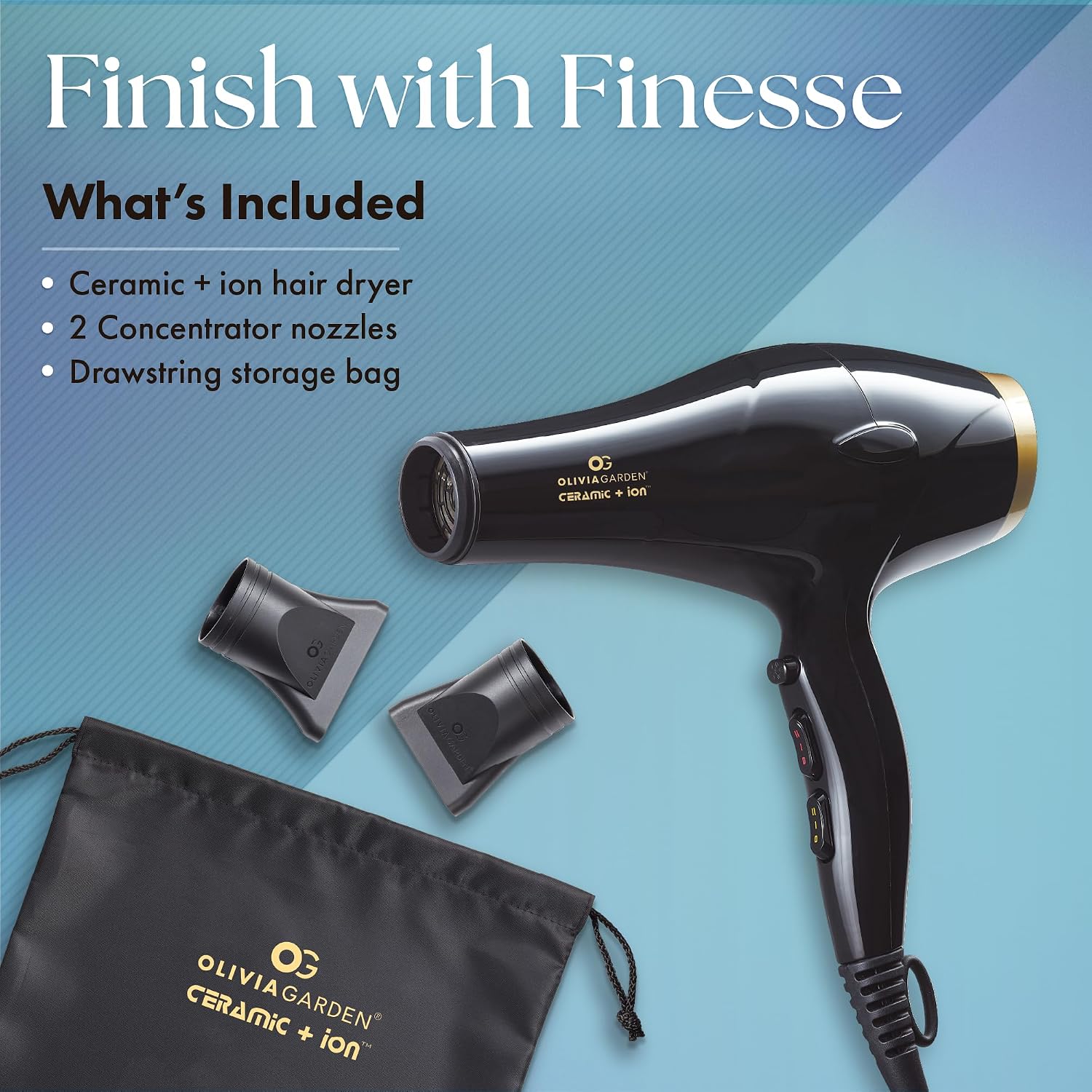 Olivia Garden 1875W Ceramic + Ion Professional Hair Dryer for Men and Women - Fast Drying Blow Dryer - Powerful Ionic Generator - 3 Heat Settings - With 2 Nozzles and Storage Bag