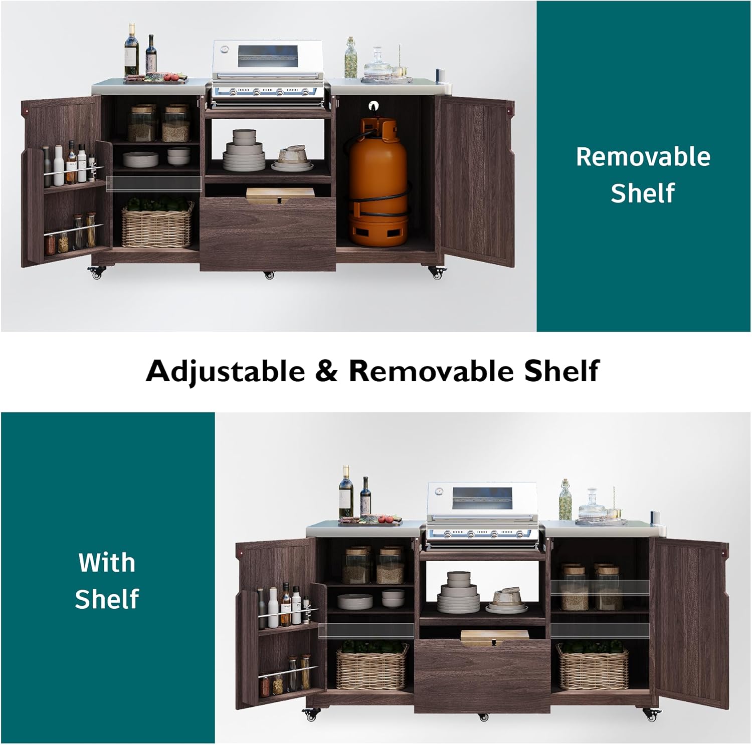 Merax 66.5' Outdoor Grill Table for Big Green Egg, Farmhouse Kitchen Island on Wheels with Stainless Steel Tabletop, Drawer and Spice Rack, Solid Wood Outdoor Storage Cabinet for Backyard, Dark Brown