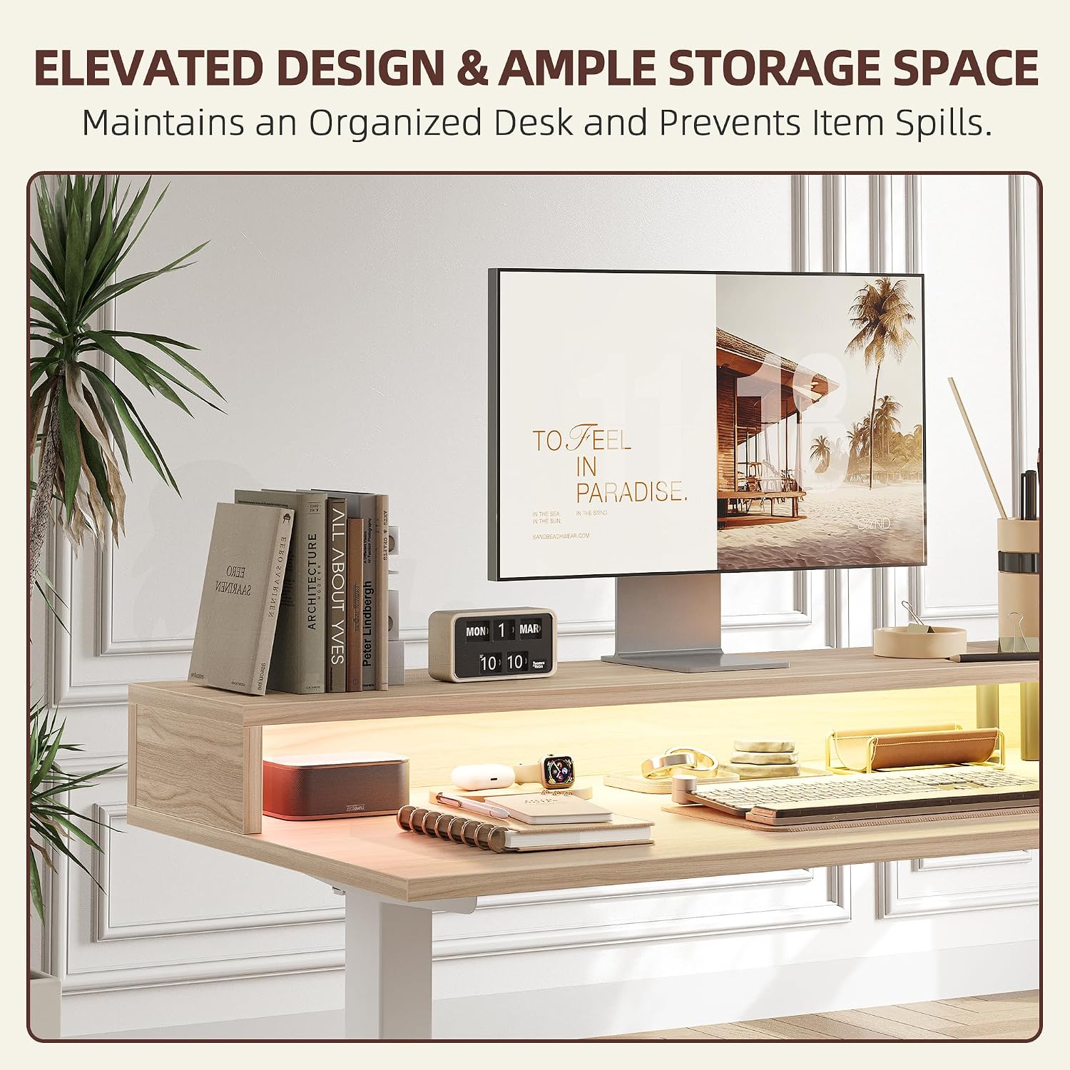 TIQLAB 63'' L-Shaped Standing Desk with LED Light Strip and Power Outlet, Height Adjustable Corner Table with Ergonomic Monitor Stand, Light Walnut