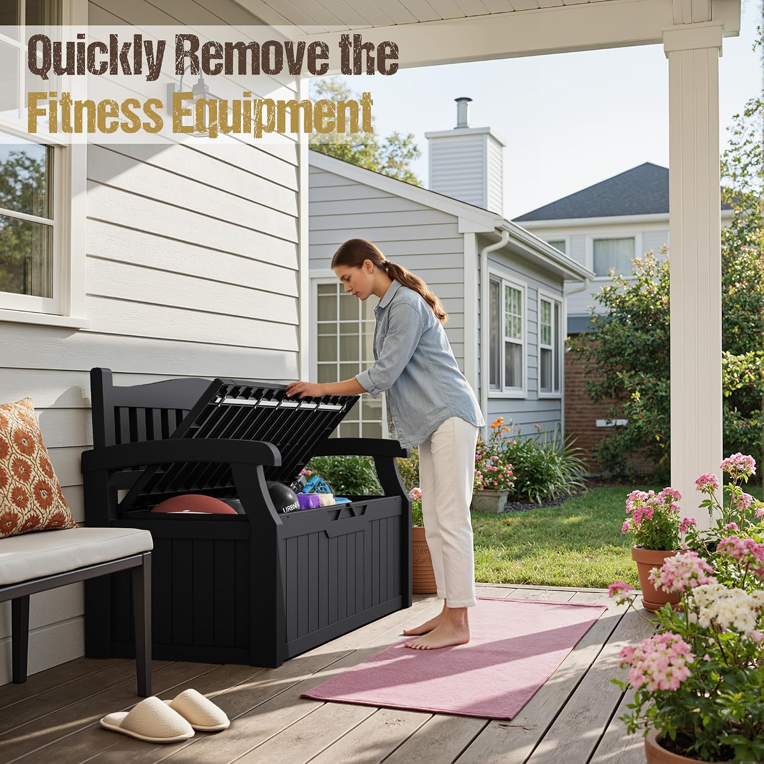 80-Gallon Outdoor Storage Bench, Waterproof Deck Box with Lockable Lid, Dark Black