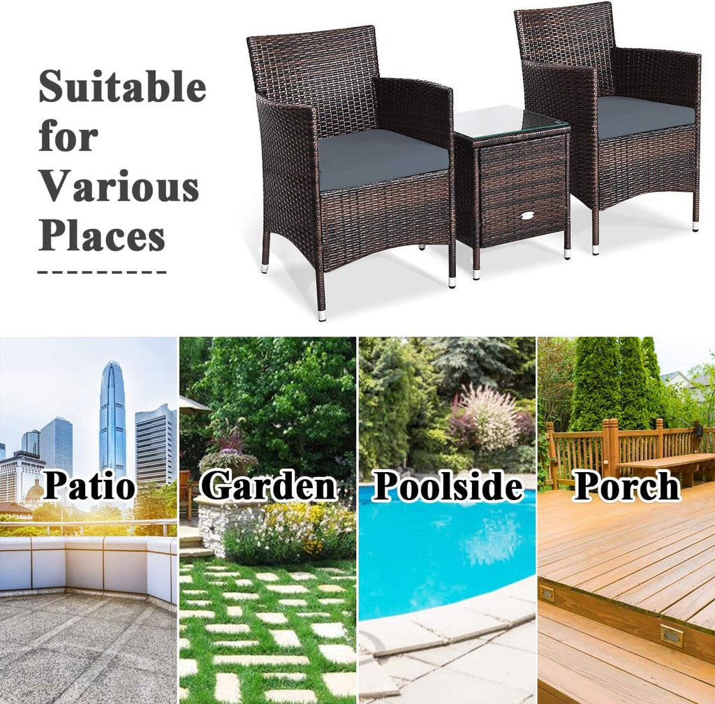 COSTWAY 3 PCS Patio Furniture Set, Outdoor Wicker Conversation Set with Tempered Glass Coffee Table, Seat Cushions, Rattan Wicker Chairs for Poolside Balcony Porch Backyard, Gray