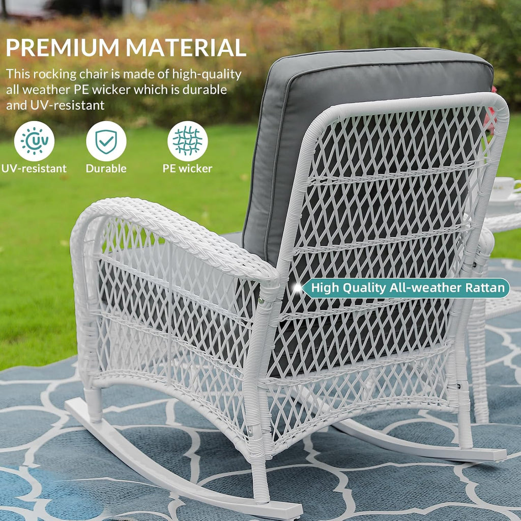 MEETWARM 4 Pieces Outdoor Wicker Patio Conversation Sets with Glider Loveseat, 2 Chairs with Coffee Table Wicker Rocking Chair Set, Patio Furniture Set with Thickened Cushions, White/Grey
