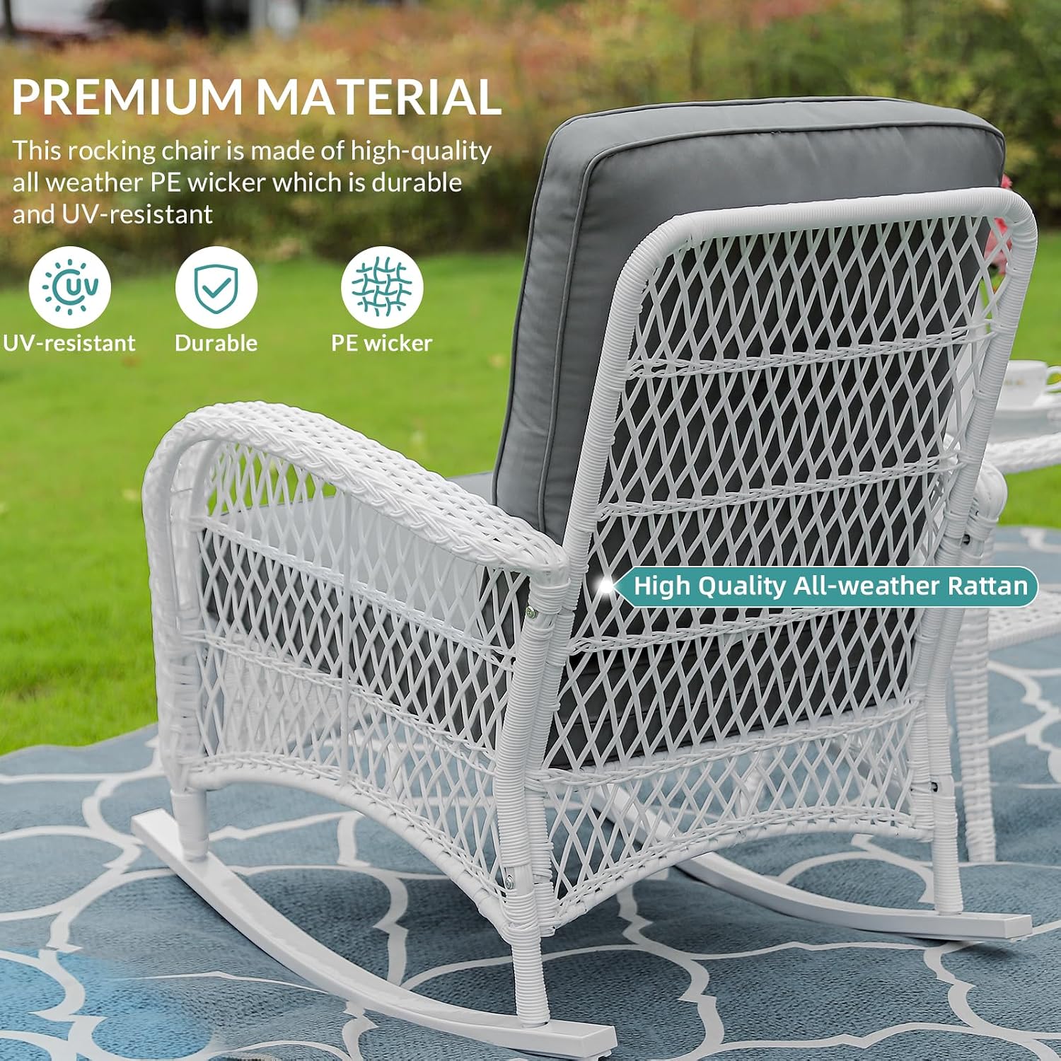 MEETWARM 4 Pieces Outdoor Wicker Patio Conversation Sets with Glider Loveseat, 2 Chairs with Coffee Table Wicker Rocking Chair Set, Patio Furniture Set with Thickened Cushions, White/Grey