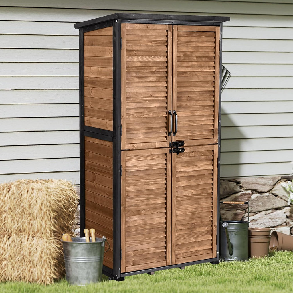 Outdoor Storage Cabinet Waterproof, Storage Shed with Sturdy Iron Frame & Anti-Corrosion Wood, Louvered Door Lockable Cabinet for Patio Garden Backyard, 63' H