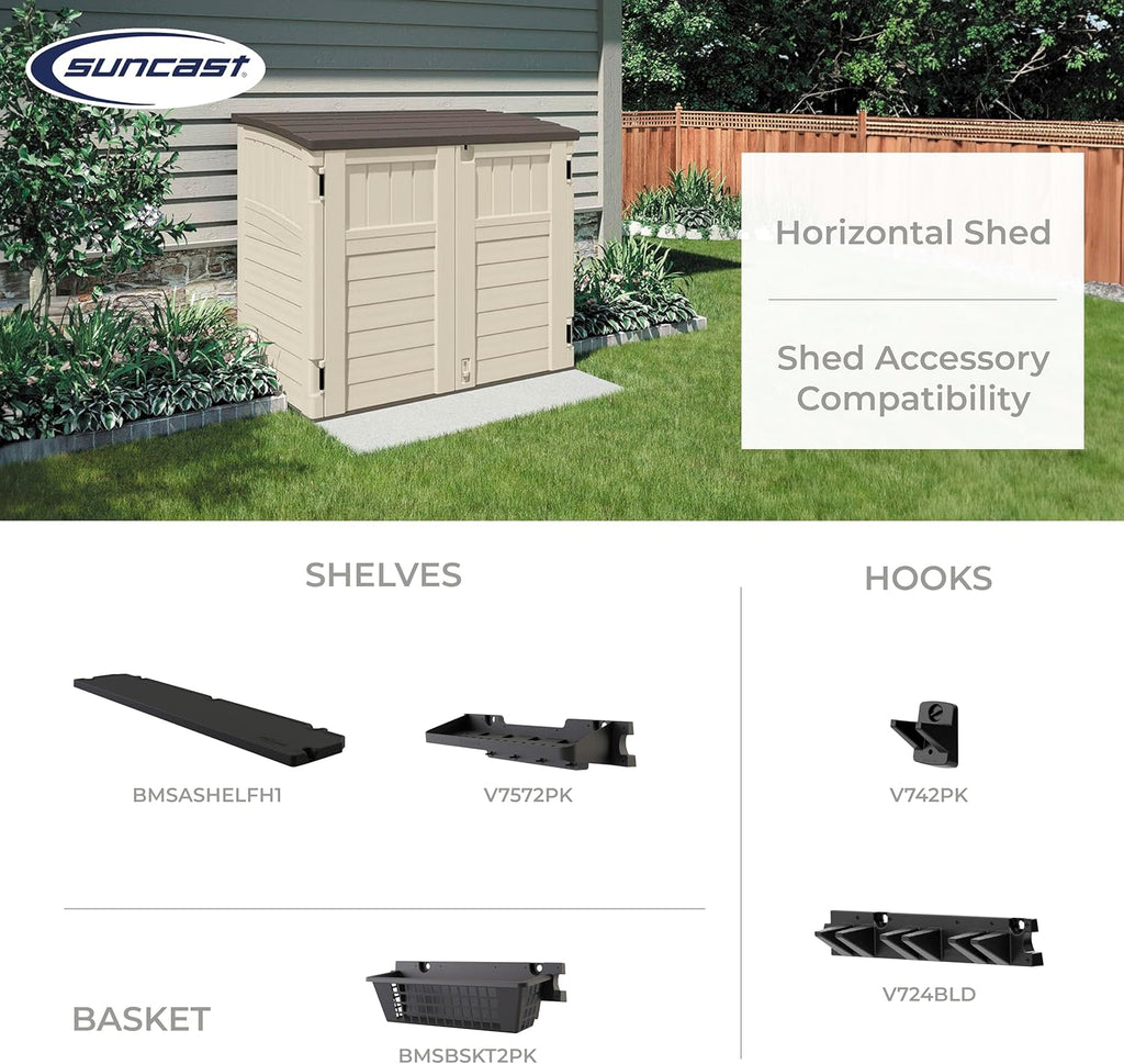 Suncast 34 Cu Ft Horizontal Resin Storage Shed - Outdoor Storage Shed with Floor Included, Lockable, Weatherproof, Fits Small to Medium Trash Cans, Generators, & Garden Tools, Vanilla Stoney