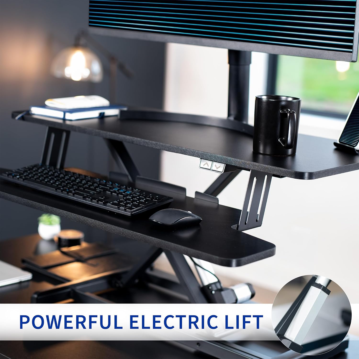 VIVO 36 inch Electric Motor Desk Converter, Height Adjustable Riser, Sit to Stand Dual Monitor and Laptop Workstation with Wide Keyboard Tray, Black, DESK-VE36B