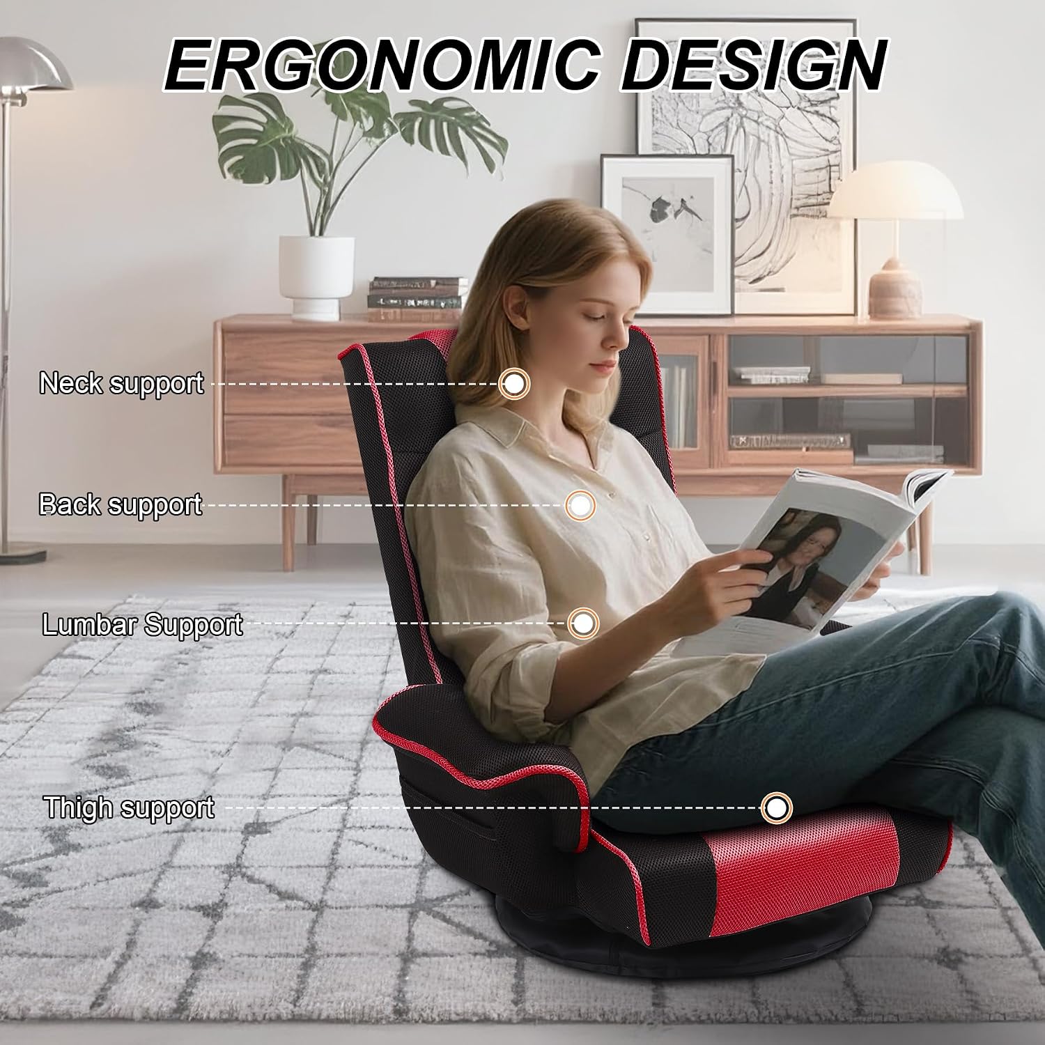 Swivel Floor Chairs for Adults, Floor Gaming Chair with Extra Wide Arms, Back Support 14 Angles Adjustable Comfortable Double Mesh Fabric Lazy Sofa for Video Game Chairs 201 (Black+Red)