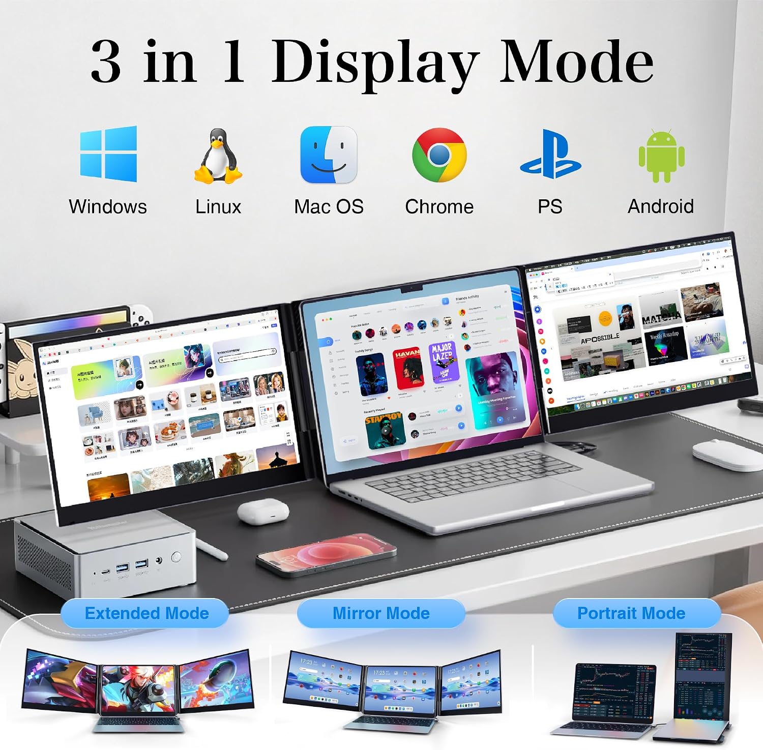 Laptop Screen Extender 15.6' Ultra-Thin, 1080P FHD IPS Dual/Triple Portable Monitor for Laptop, USB-C/HDMI Plug&Play, Fits 17.3' Max Laptops,Travel Screens for Windows/Mac/Chrome/Android/Switch