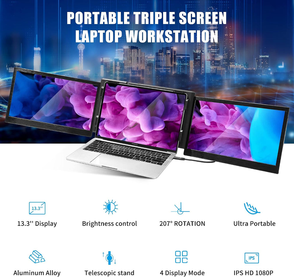 Alecewey P2 PRO Triple Portable Monitor for Laptop Screen, 13.3' FHD 1080p IPS Display, Type-C/PD/TF Support, M1/M2 MacBook, for 13.3'-16.5' Notebook Computers, Windows Phone