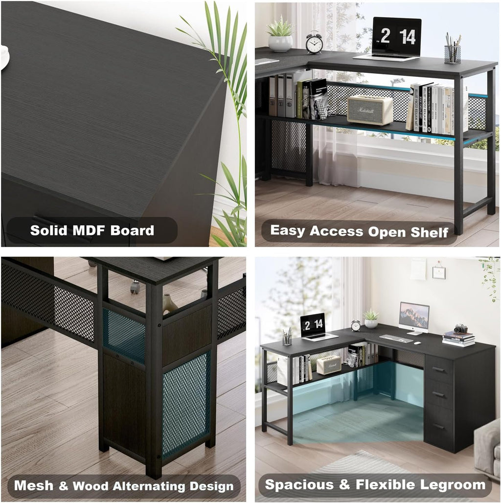 LVB Black L Shaped Desk, Reversible Computer Office Desk with Drawers, Modern Large L Shape Gaming Desk Table with File Cabinets, Wood Executive Corner Desk with Storage Shelf for Bedroom, 59 Inch