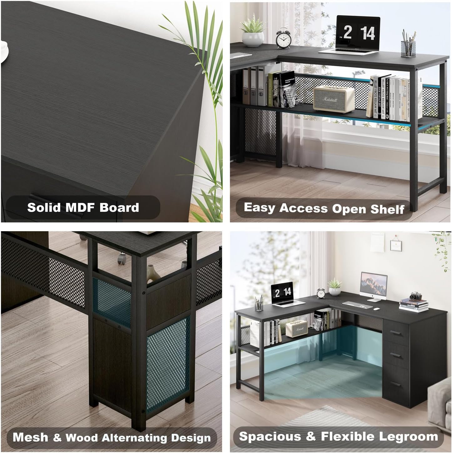 LVB Black L Shaped Desk, Reversible Computer Office Desk with Drawers, Modern Large L Shape Gaming Desk Table with File Cabinets, Wood Executive Corner Desk with Storage Shelf for Bedroom, 59 Inch
