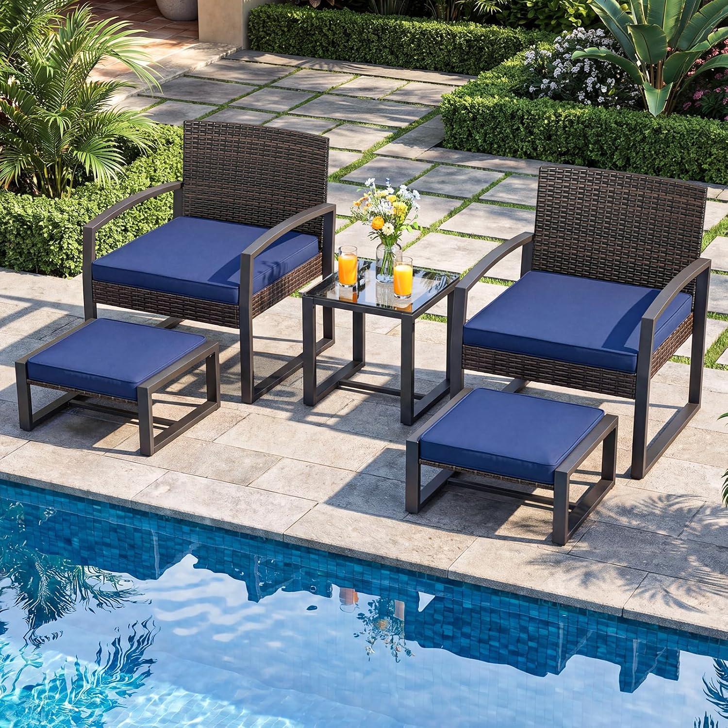 Tangkula 5 Pieces Wicker Patio Conversation Set, Outdoor PE Rattan Chair with Ottoman Set with Glass Side Table, 2-Person Small Balcony Furniture Seating Set with Cushions for Porch, Backyard, Deck