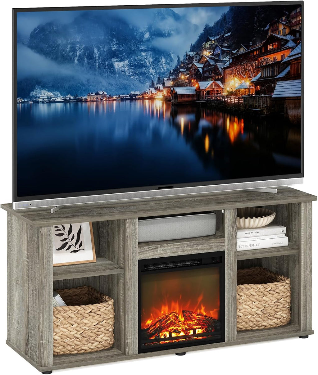Furinno Jensen Fireplace TV Stand, Entertainment Center, TV Console for TV up to 55 Inch with Fireplace and Open Storage Compartment, for Living Room, Bedroom, French Oak Grey