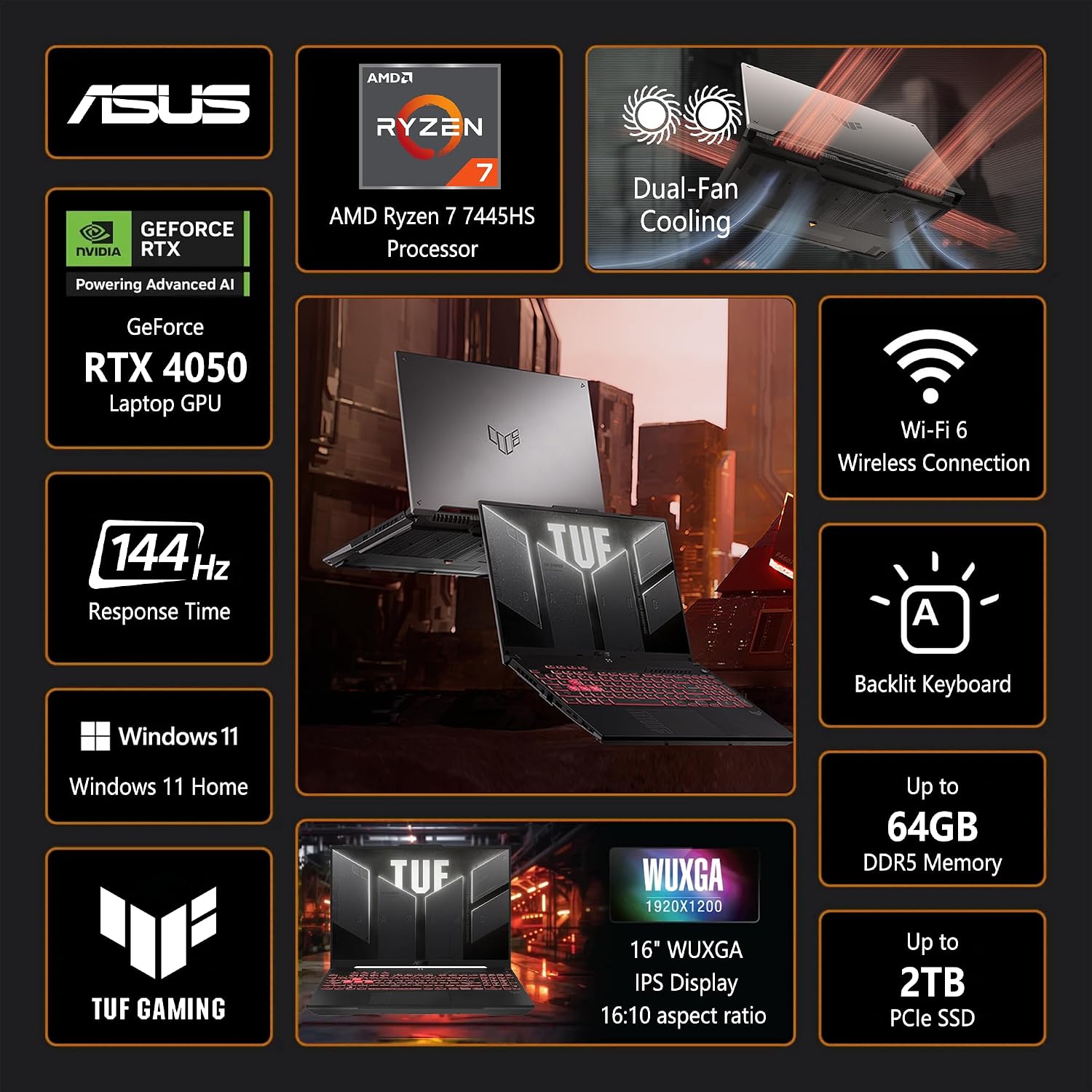 ASUS TUF A16 Gaming Laptop | 16' WUXGA IPS 144Hz | AMD 6-Core Ryzen 7 7445HS | 64GB DDR5 1TB SSD | NVIDIA GeForce RTX 4050 (194 AI Tops) | Backlit Keyboard USB 4 Wi-Fi 6 Win11 w/DLCA Accessory