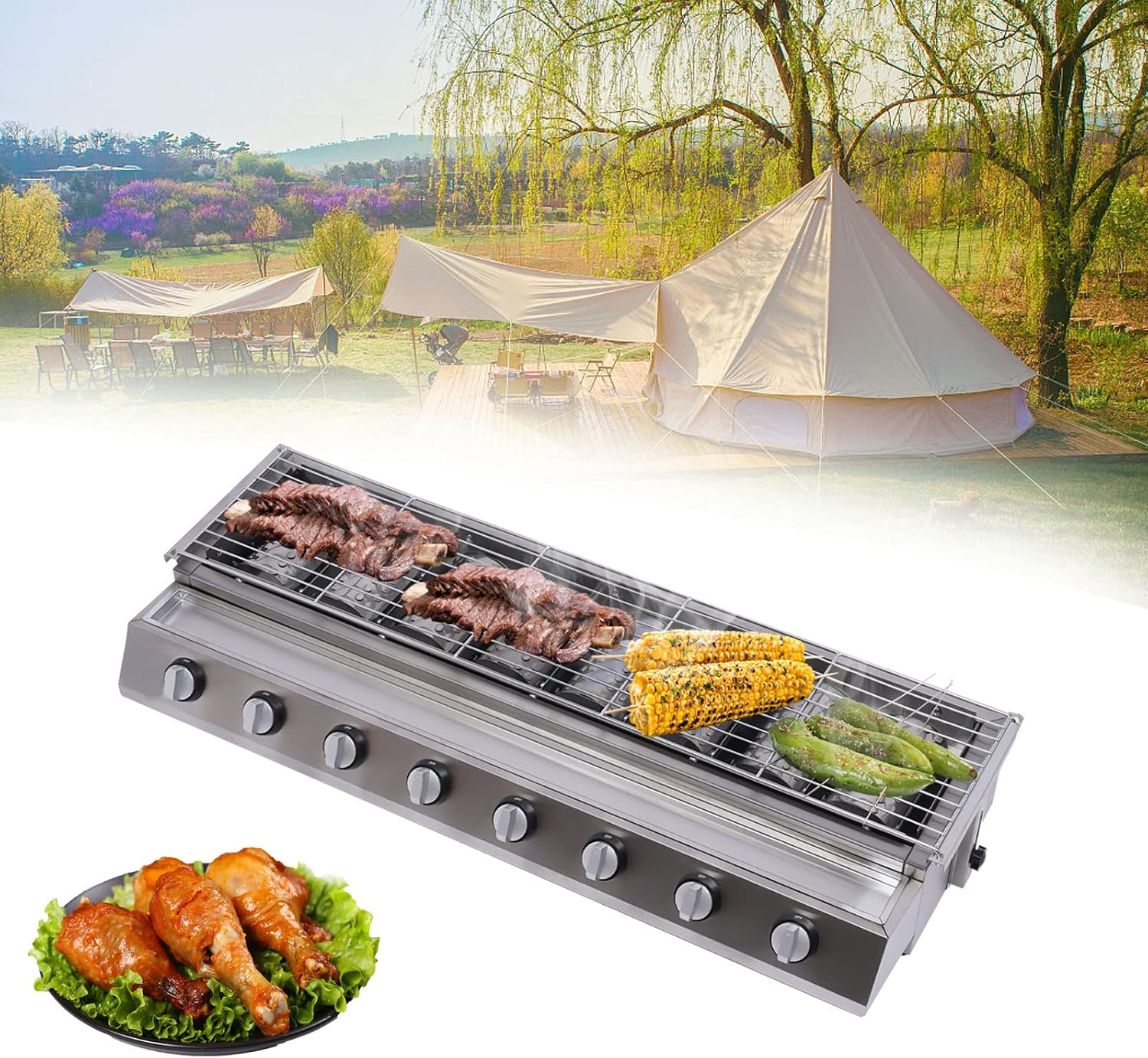 Tabletop Gas Grill,Commercial LPG Gas BBQ Grill,Professional Barbecues Griddle, 8 Independent Switches Gas Grill, for Outdoor Camping or Picnicking 40.94×15.7×7.9Inch(Style 7)