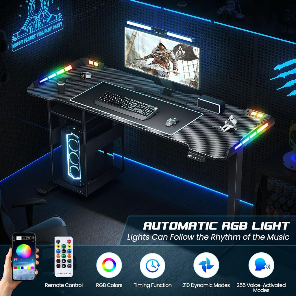 Gaming Standing Desk with LED Lights & Host Shelf, 55' x 24' Gaming Table with Music Sensing APP Control, Underdesk Cable Storage Electric Standing Desk, Black Carbon Fiber PC Table for Home Office