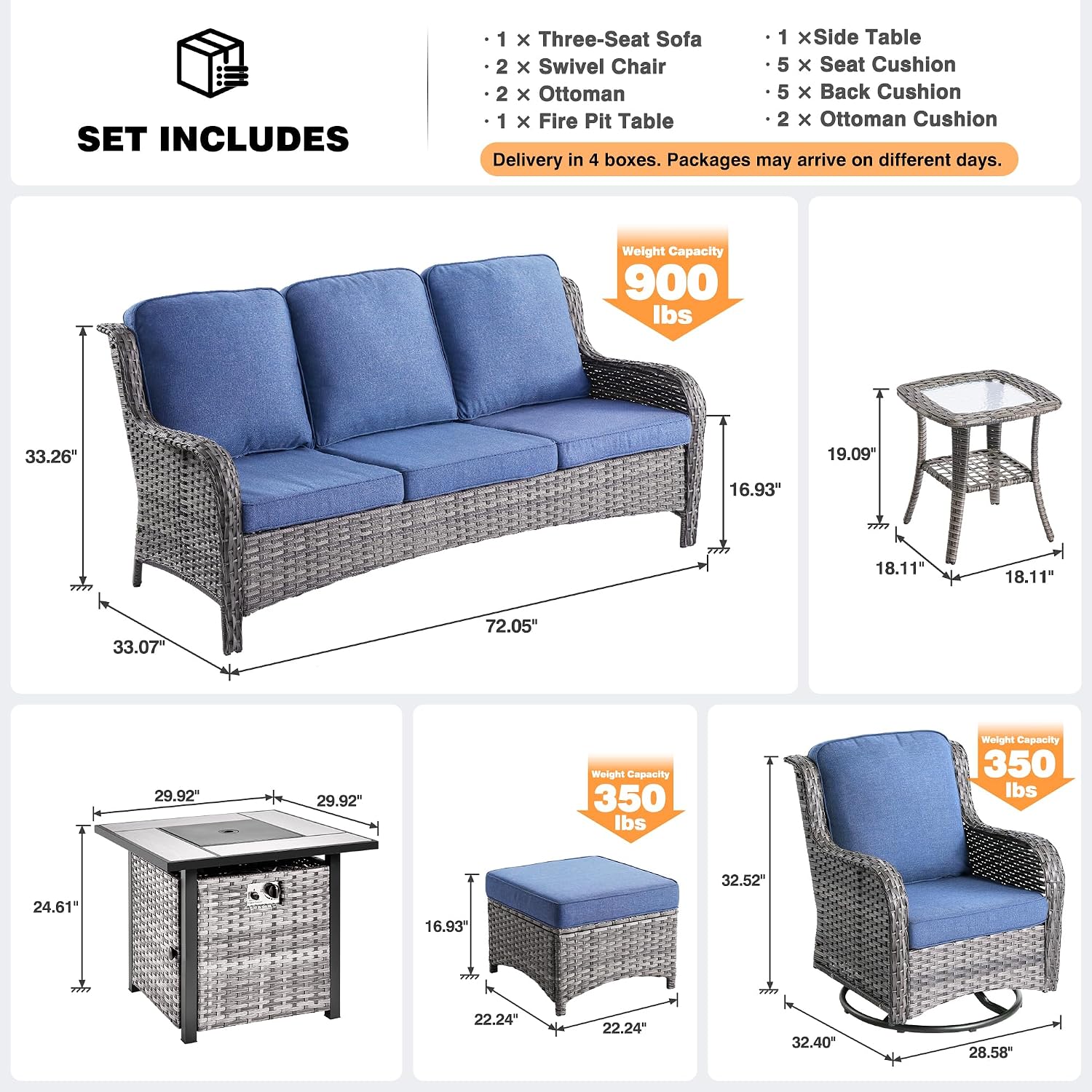 ovios 7 Pieces Patio Furniture Set with 30 inch Fire Pit Table, Outdoor Wicker Sofa Couch Swivel Rocking Glider Chairs, Modern Luxury Conversation Set, Grey Rattan, Denim Blue