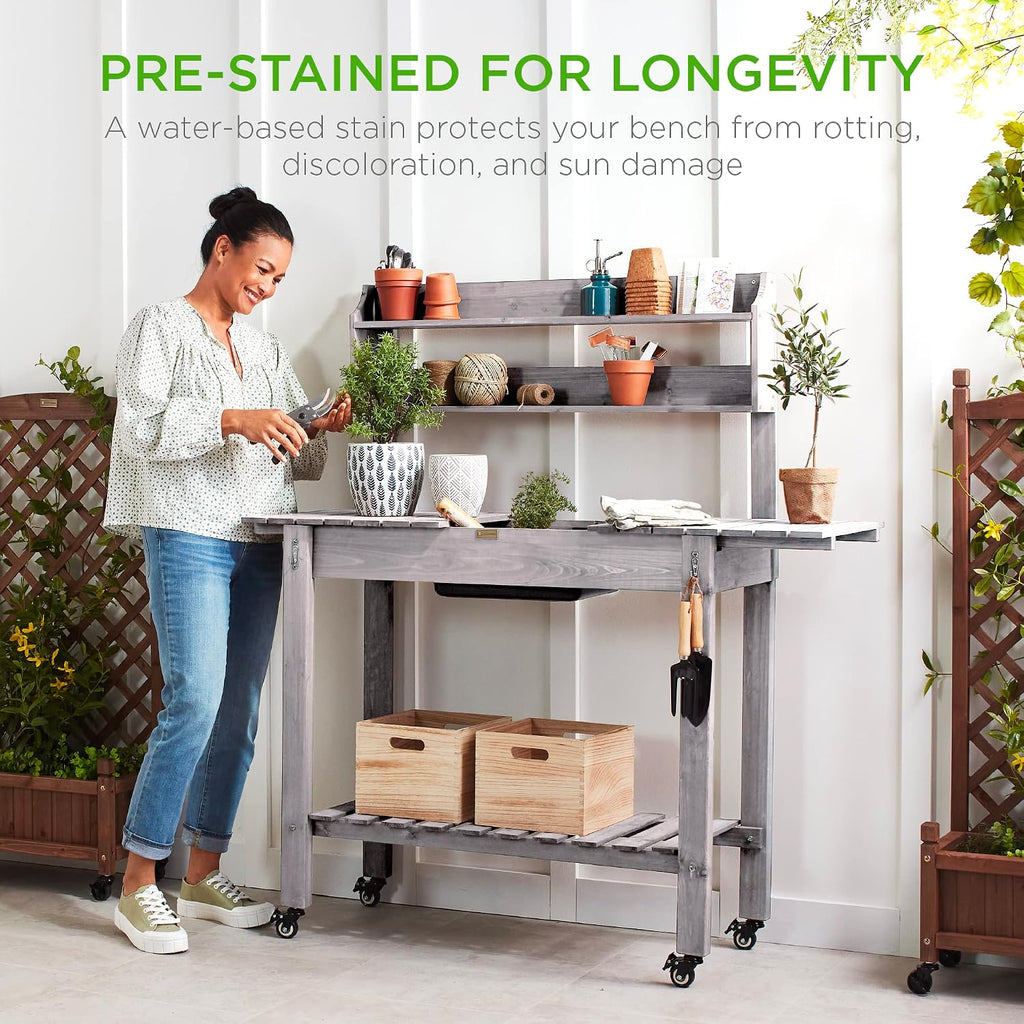 Best Choice Products Mobile Garden Potting Bench, Outdoor Wood Workstation Table w/Sliding Tabletop, 4 Locking Wheels, Food Grade Dry Sink, Storage Shelves - Gray