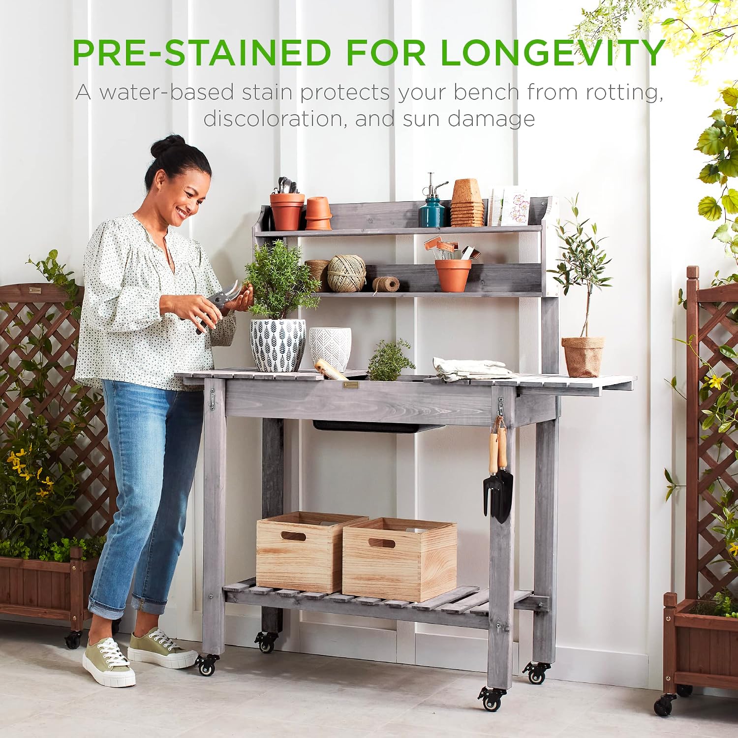 Best Choice Products Mobile Garden Potting Bench, Outdoor Wood Workstation Table w/Sliding Tabletop, 4 Locking Wheels, Food Grade Dry Sink, Storage Shelves - Gray