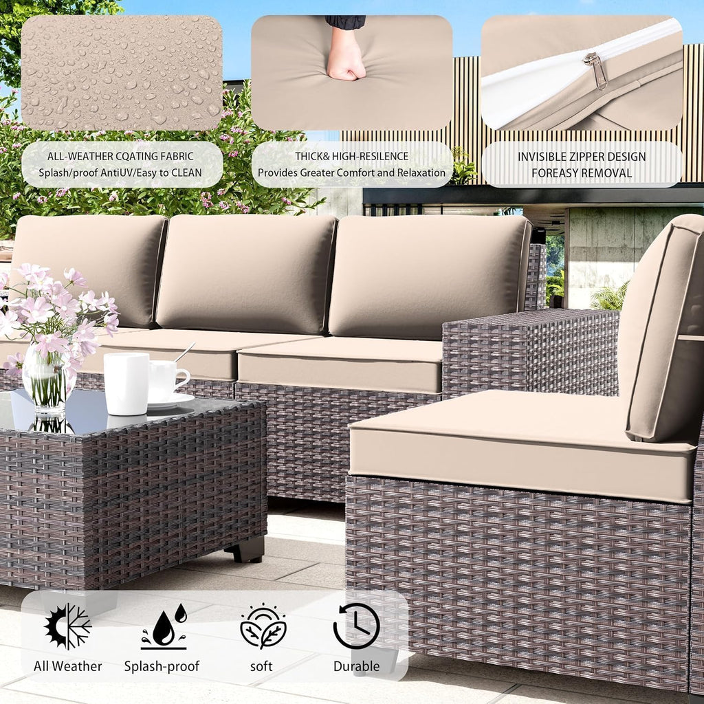 6 PCS Outdoor Patio Furniture Set,Outdoor Sectional Furniture All Weather PE Rattan Wicker Patio Conversation Set with Coffee Table and 5 Thickened Cushions,Sand