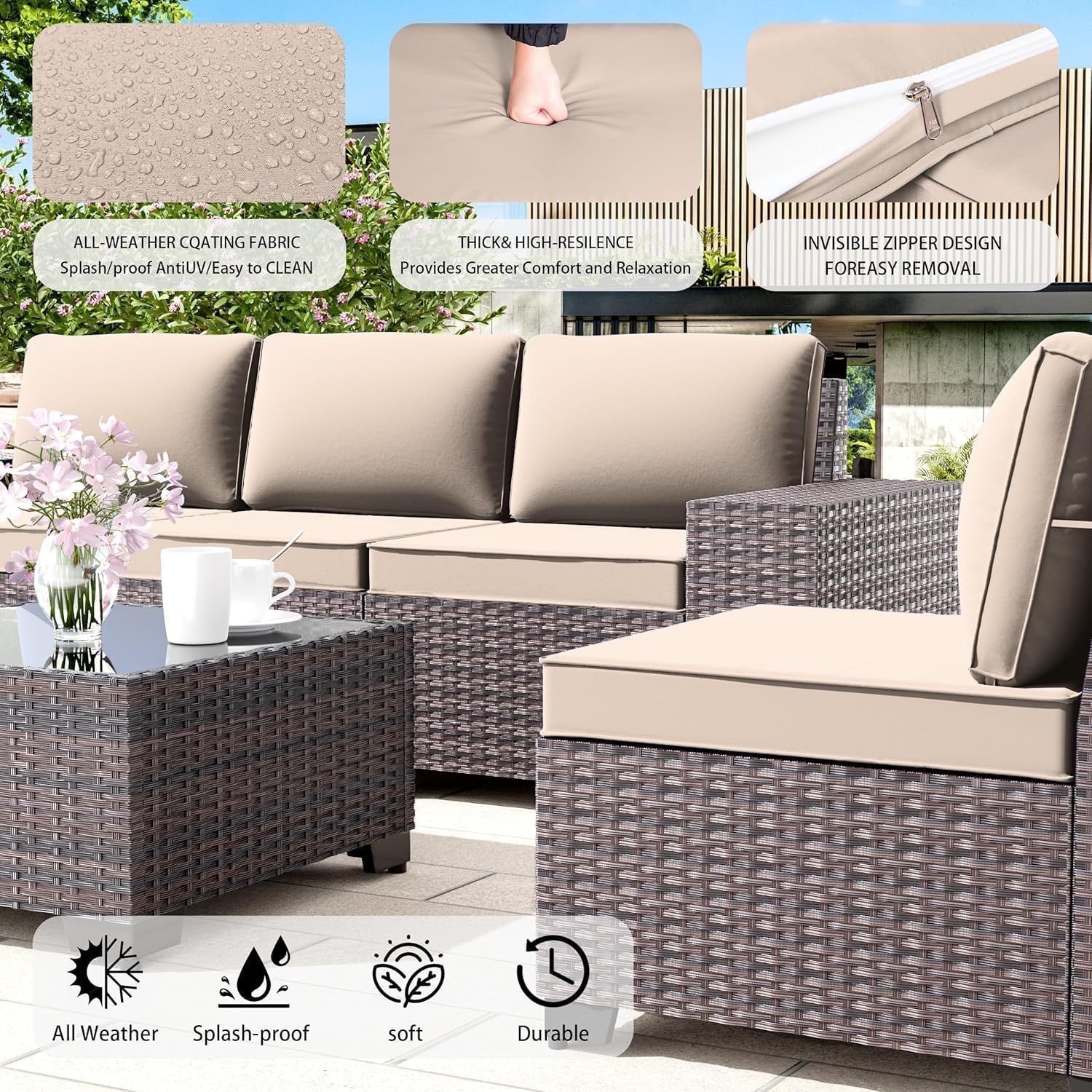 6 PCS Outdoor Patio Furniture Set,Outdoor Sectional Furniture All Weather PE Rattan Wicker Patio Conversation Set with Coffee Table and 5 Thickened Cushions,Sand