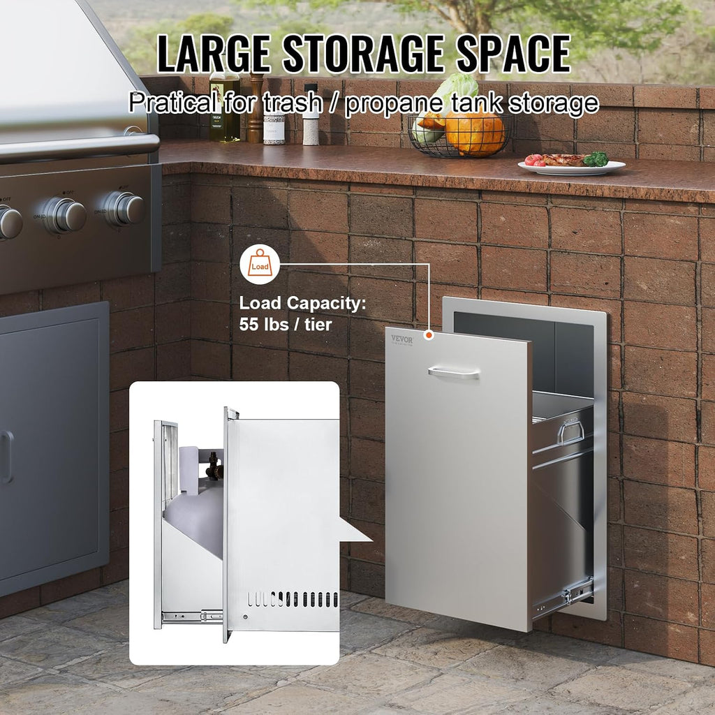 VEVOR Outdoor Kitchen Trash Drawer 16Wx22Hx16'D, Propane Tank Drawer, Stainless Steel Pull Out Trash with Handle, Outdoor Kitchen Cabinets Can Pull Out, BBQ Island Bin, Outside Trash Can Drawer