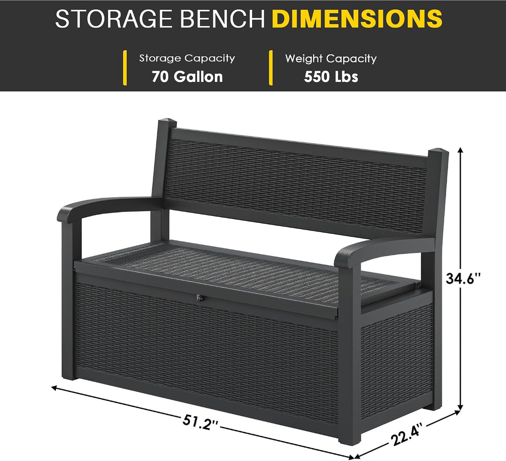 LHBcraft 70 Gallon Deck Bench with Storage,Outdoor Storage Box Bench Waterproof&Lockable, Resin Patio Furniture with Armrest for Patio, Porch, Garden,Black