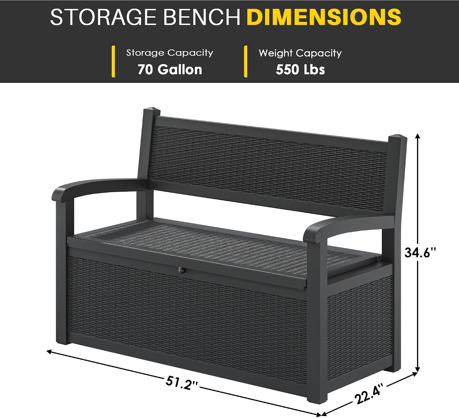 LHBcraft 70 Gallon Deck Bench with Storage,Outdoor Storage Box Bench Waterproof&Lockable, Resin Patio Furniture with Armrest for Patio, Porch, Garden,Black