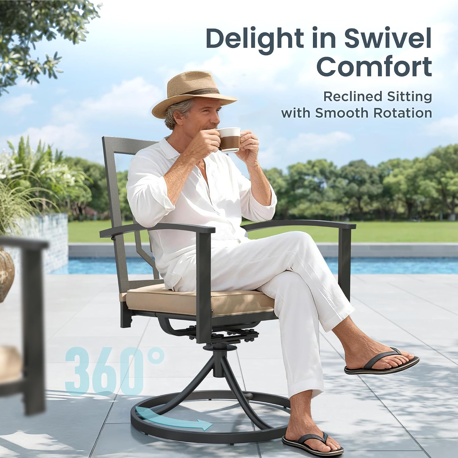 PHI VILLA 7 Pieces Patio Dining Set for 6, 60' Rectangle Metal Steel Table with Umbrella Hole & Swivel Wrought Iron Chairs with Cushions, Large Outdoo Furniture Set for Deck, Porch, Yard