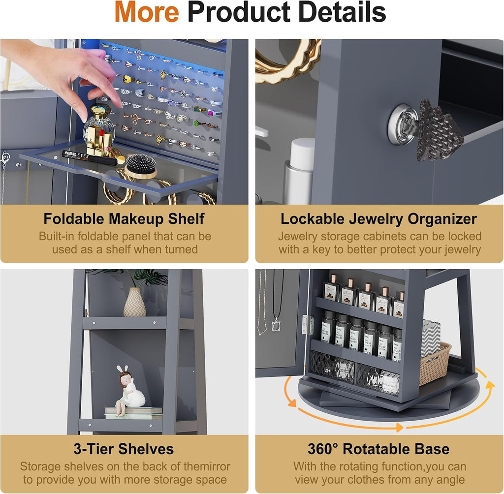 360° Rotating LED Jewelry Armoire with Lockable,3 Color Dimmable Full Length Mirror with Makeup Tray,Jewelry Organizer Cabinet with Back Storage Shelves
